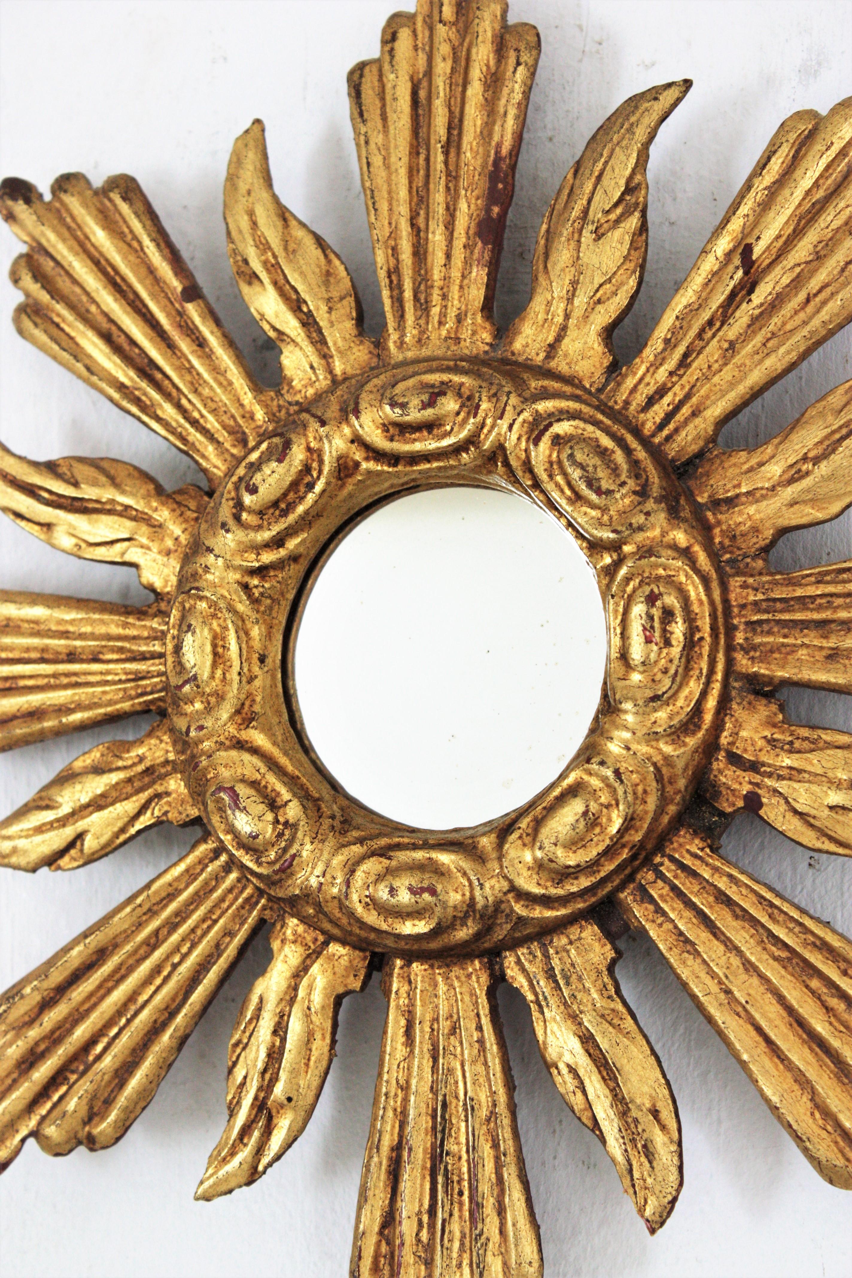 20th Century Spanish Baroque Sunburst Giltwood Mirror in Small Scale