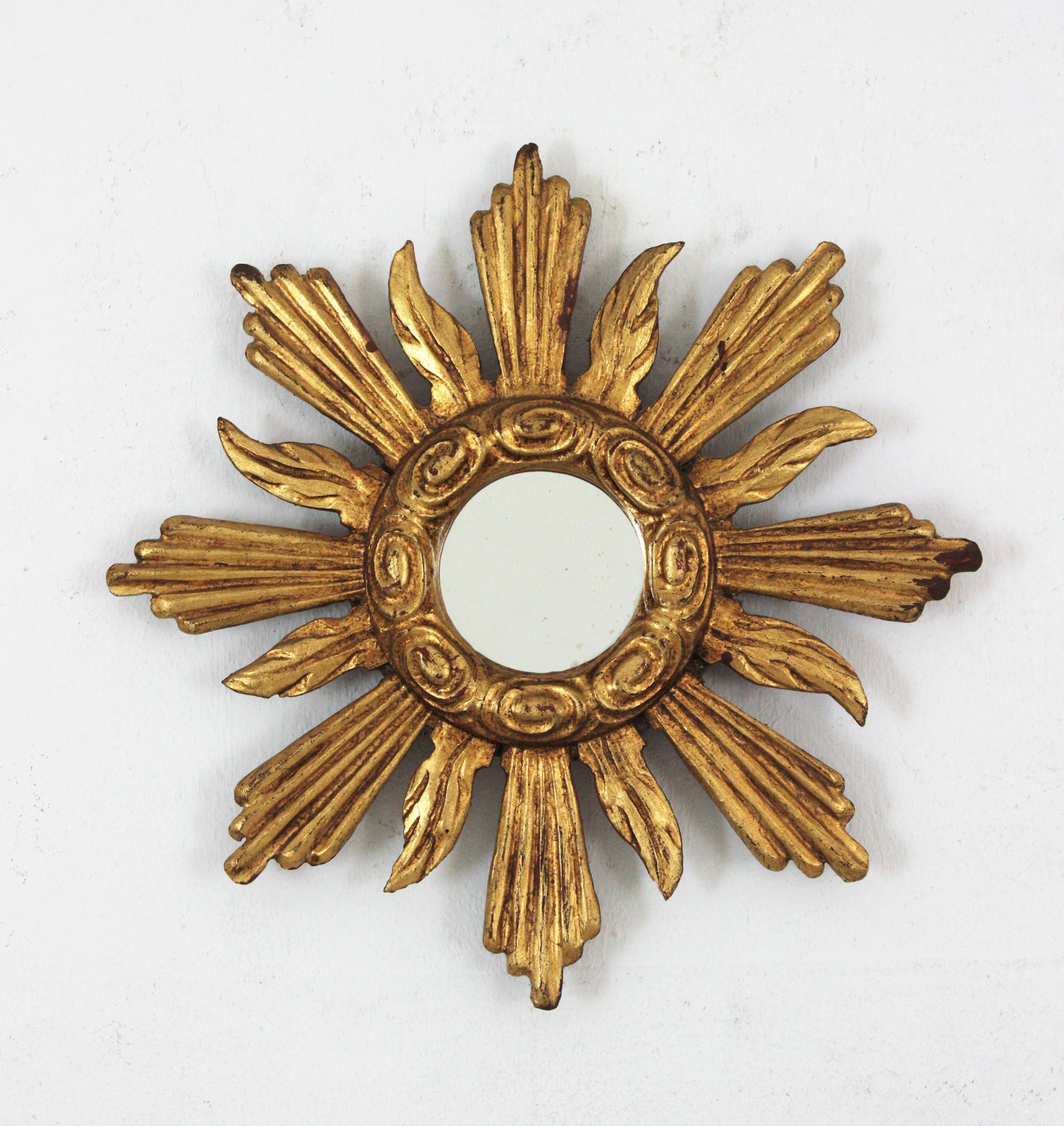 Spanish Baroque Sunburst Giltwood Mirror in Small Scale 4