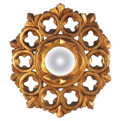 Spanish Baroque Sunburst Mirror in Carved Giltwood and Convex Glass, 1940
