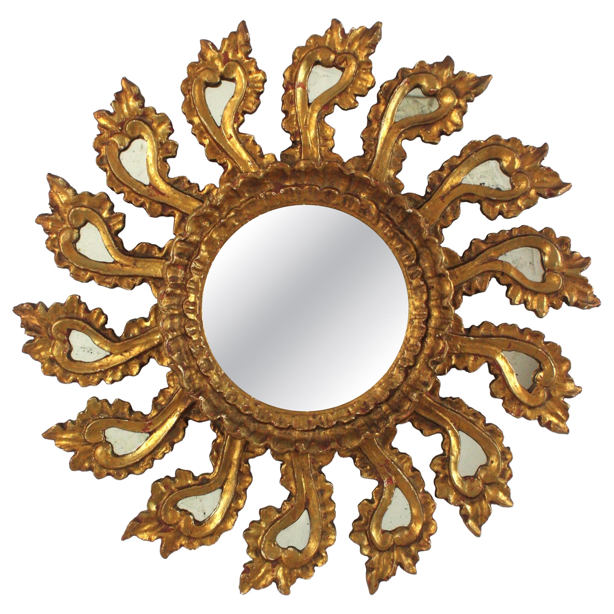 Spanish Baroque Sunburst Mirror in Giltwood with Carved Foliage Frame, 1940