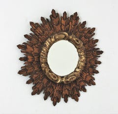 Spanish Baroque Sunburst Mirror in Silver and Gold Leaf Giltwood