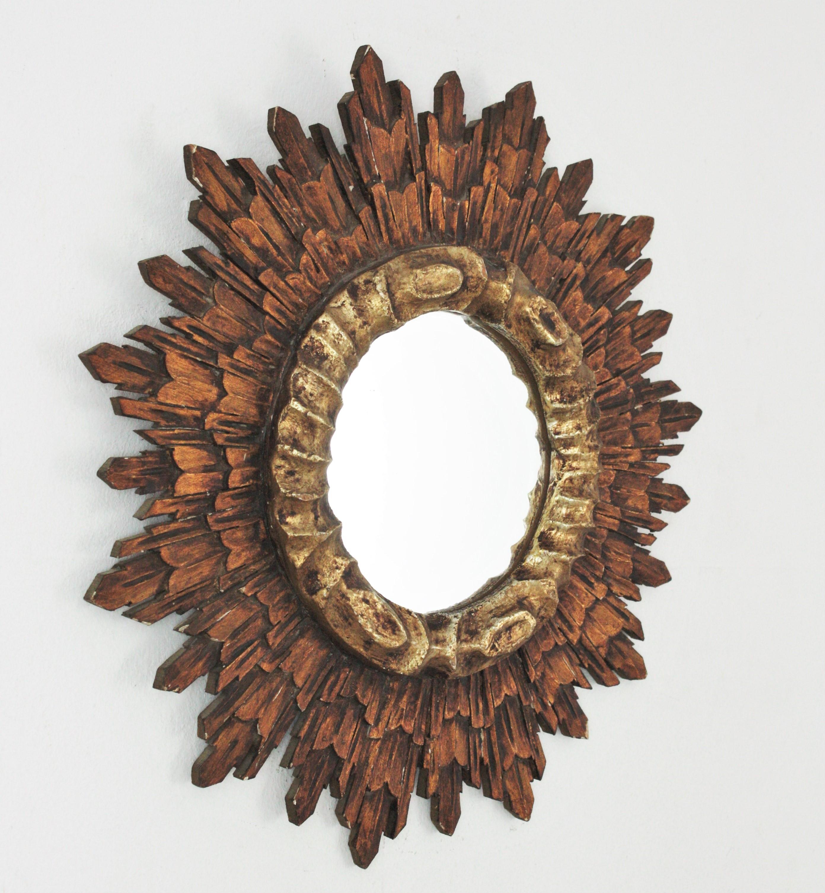Carved Spanish Baroque Sunburst Mirror, Silver and Gold Giltwood For Sale