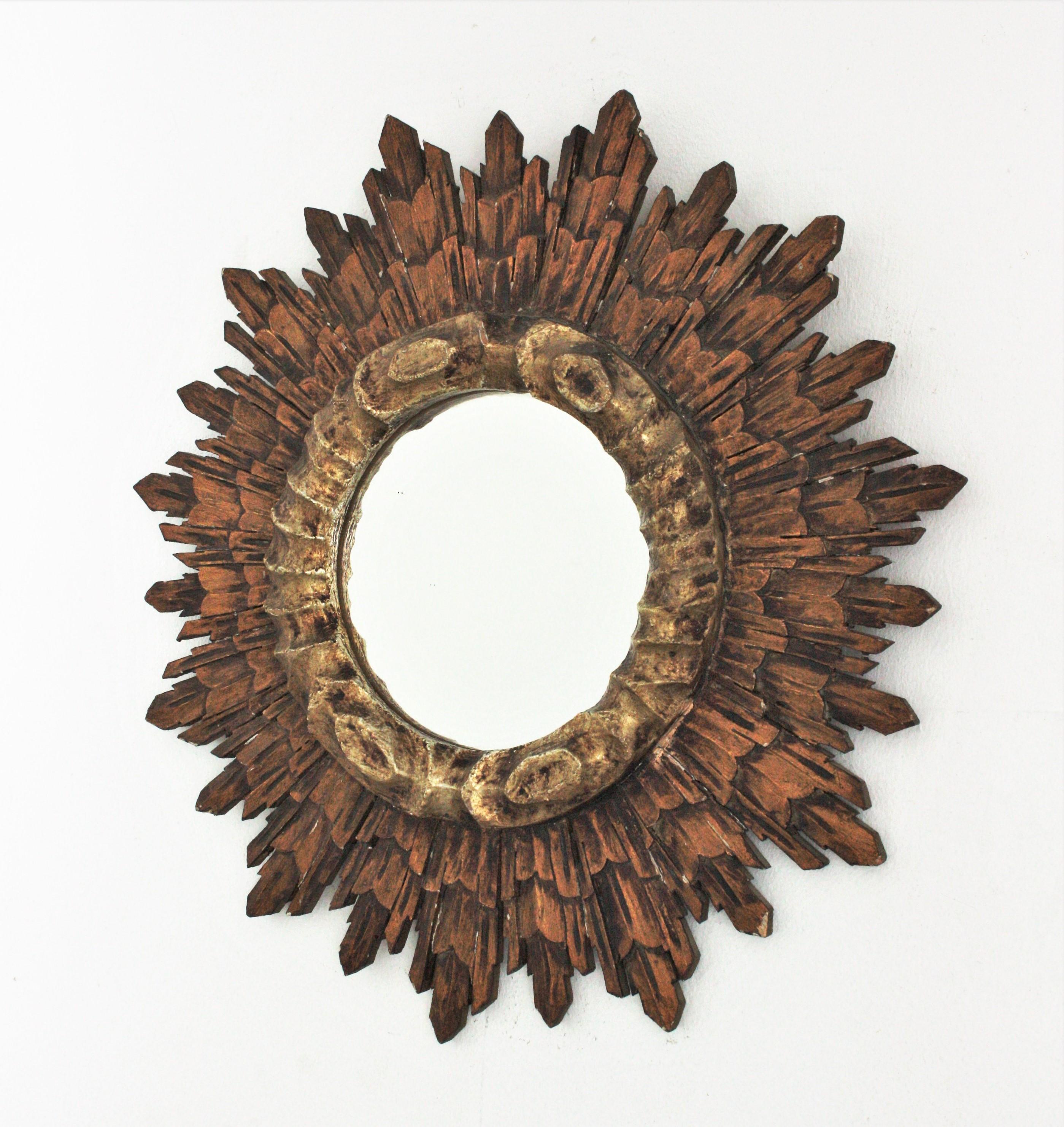 20th Century Spanish Baroque Sunburst Mirror, Silver and Gold Giltwood For Sale