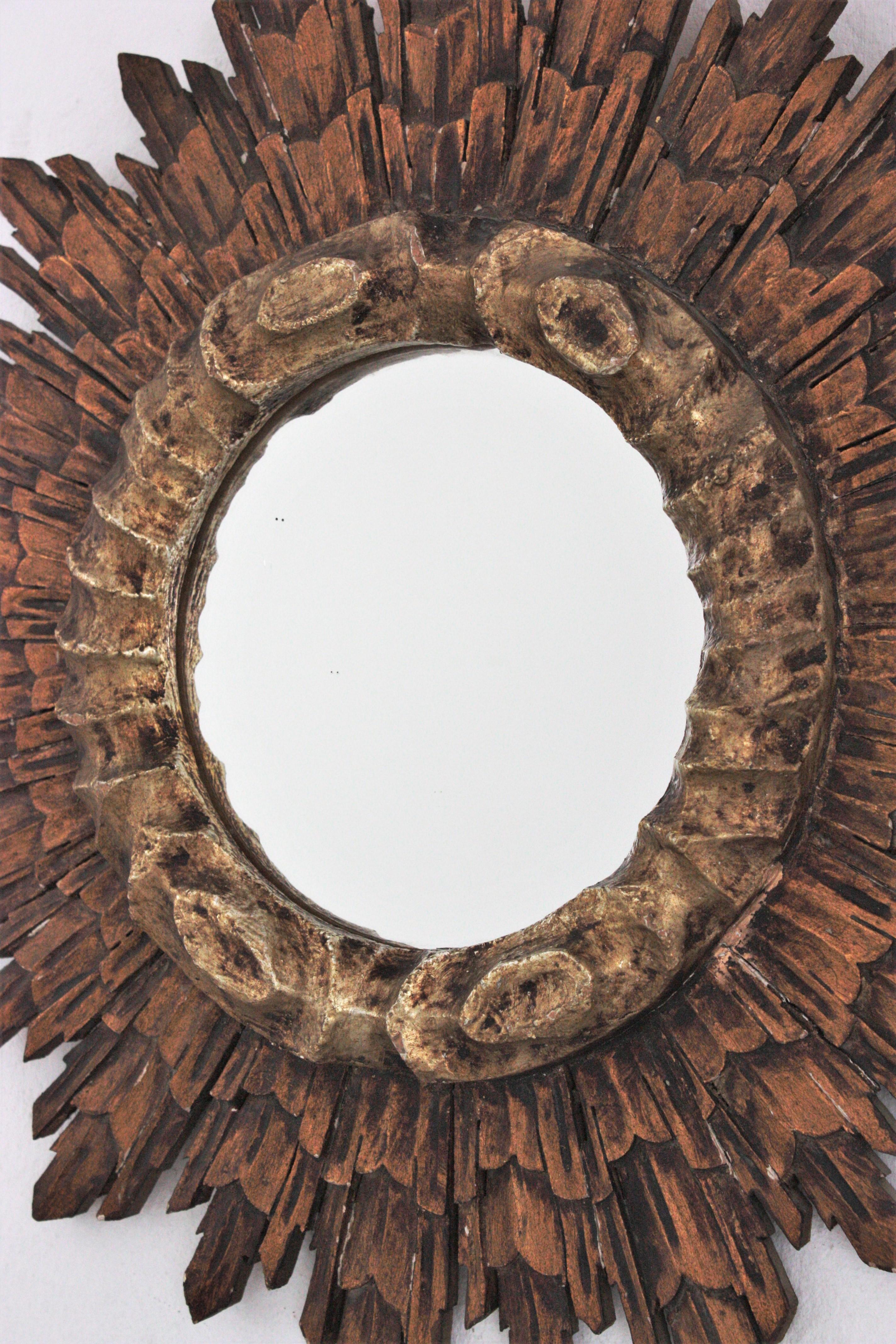 Gesso Spanish Baroque Sunburst Mirror, Silver and Gold Giltwood For Sale