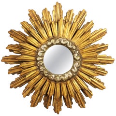 Spanish Baroque Sunburst Mirror in Silver and Gold Leaf Giltwood