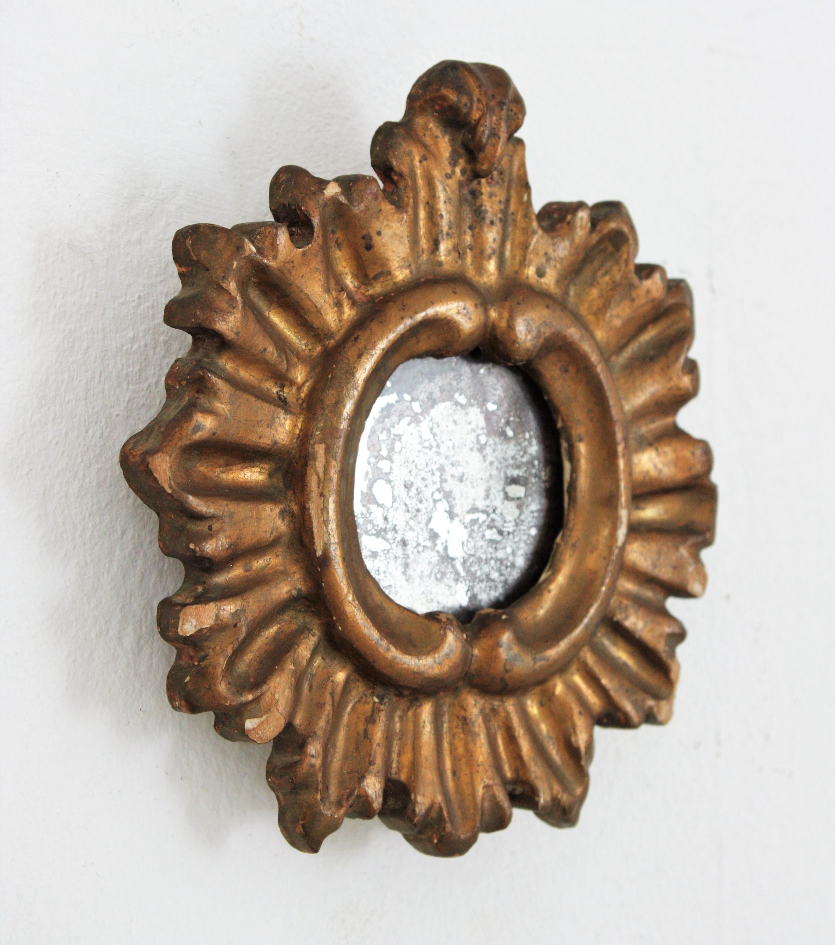 Hand-Carved Spanish Baroque Sunburst Mirror Miniature in Gold Leaf Gilded Wood For Sale