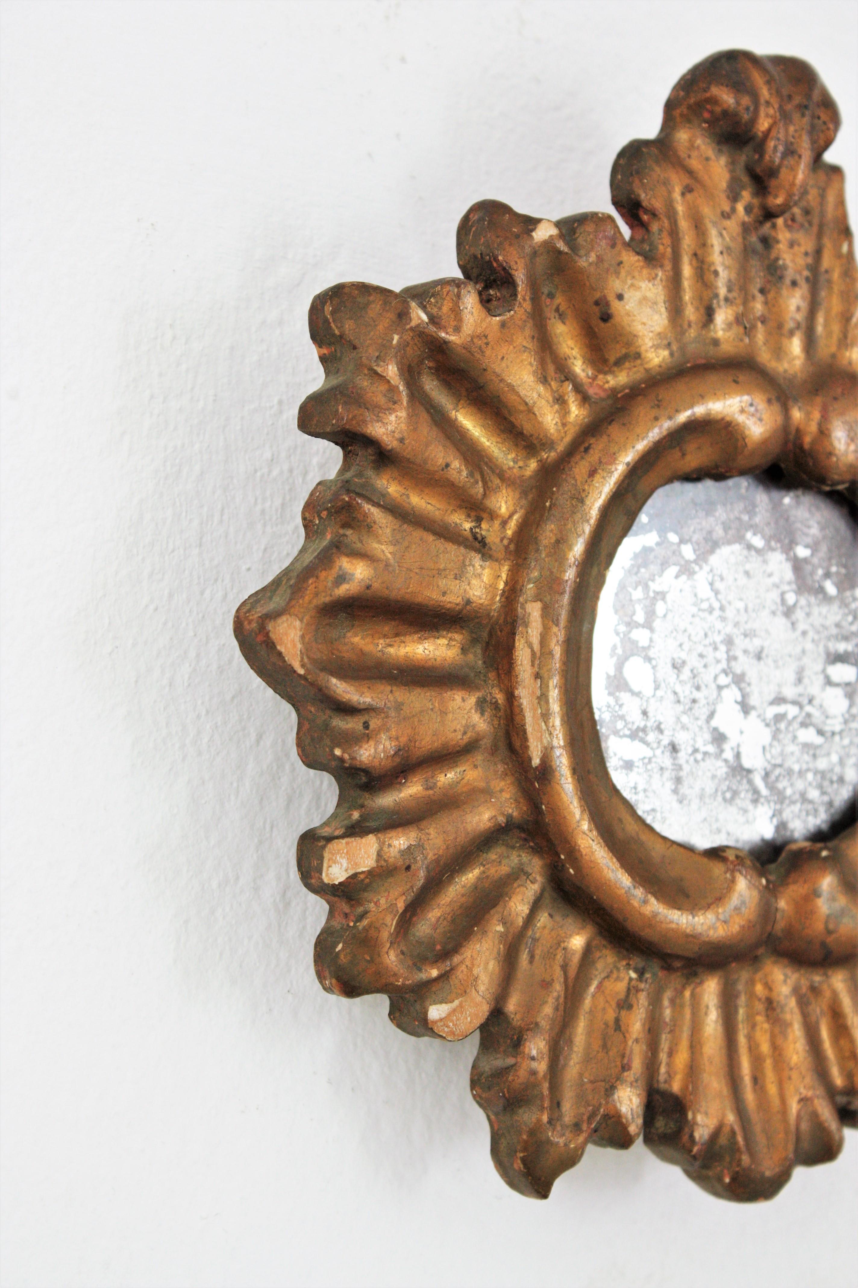 19th Century Spanish Baroque Sunburst Mirror Miniature in Gold Leaf Gilded Wood For Sale