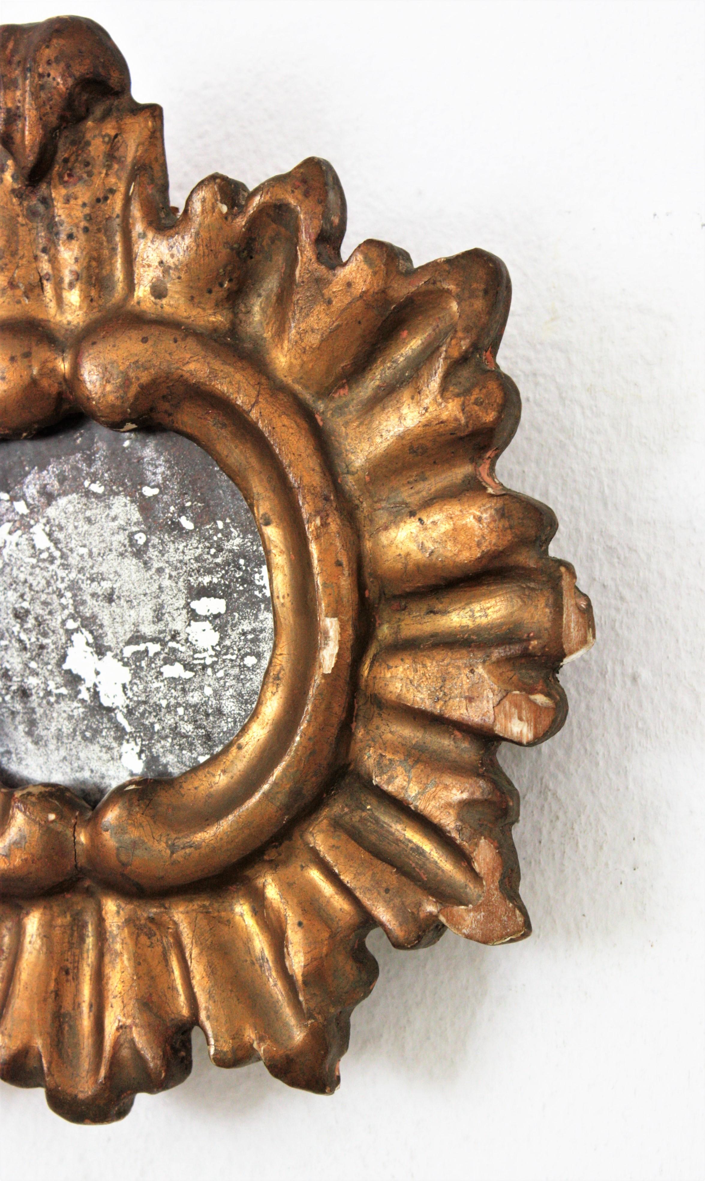 Gesso Spanish Baroque Sunburst Mirror Miniature in Gold Leaf Gilded Wood For Sale