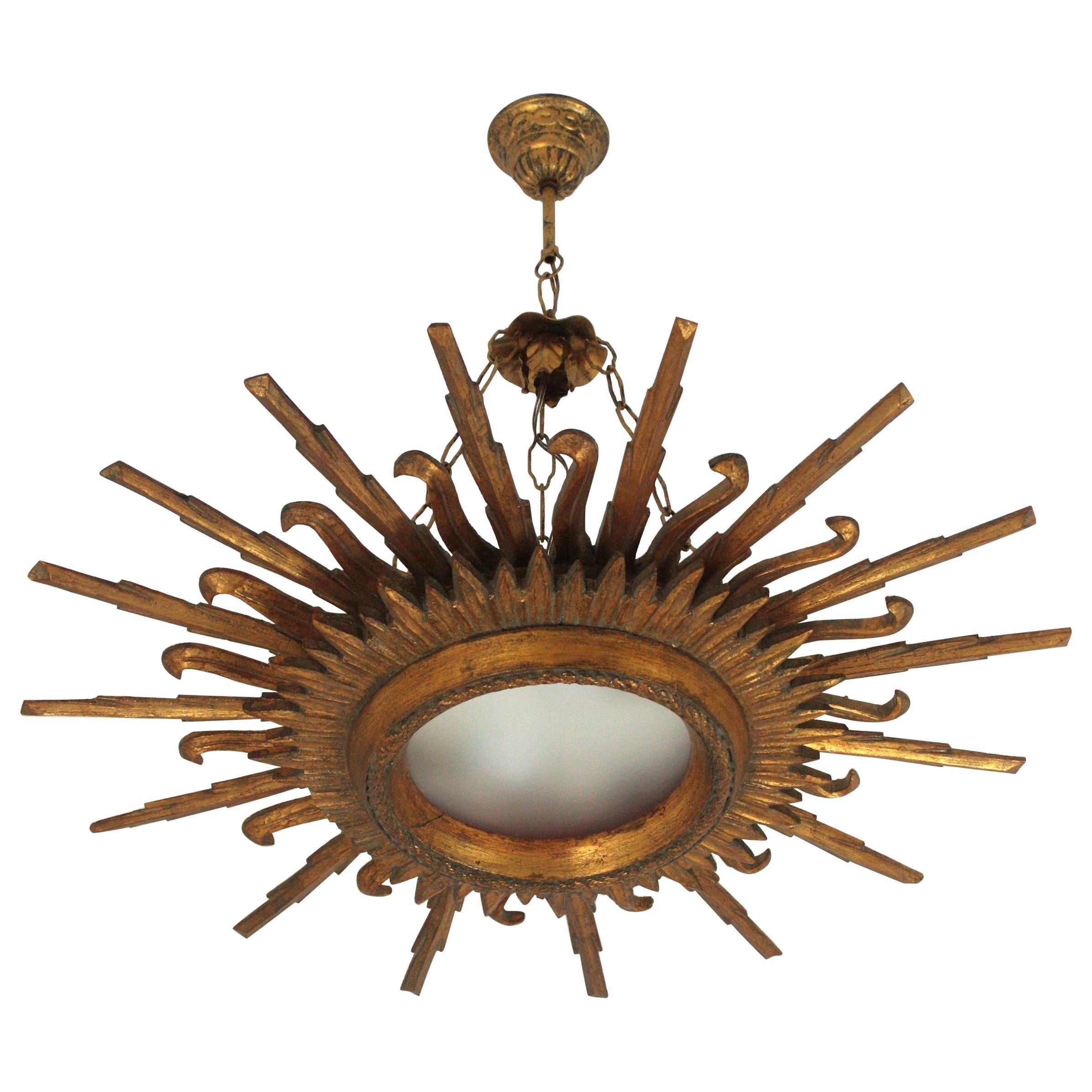 Spanish Baroque Sunburst Pendant Light Fixture in Carved Giltwood, 1940s For Sale