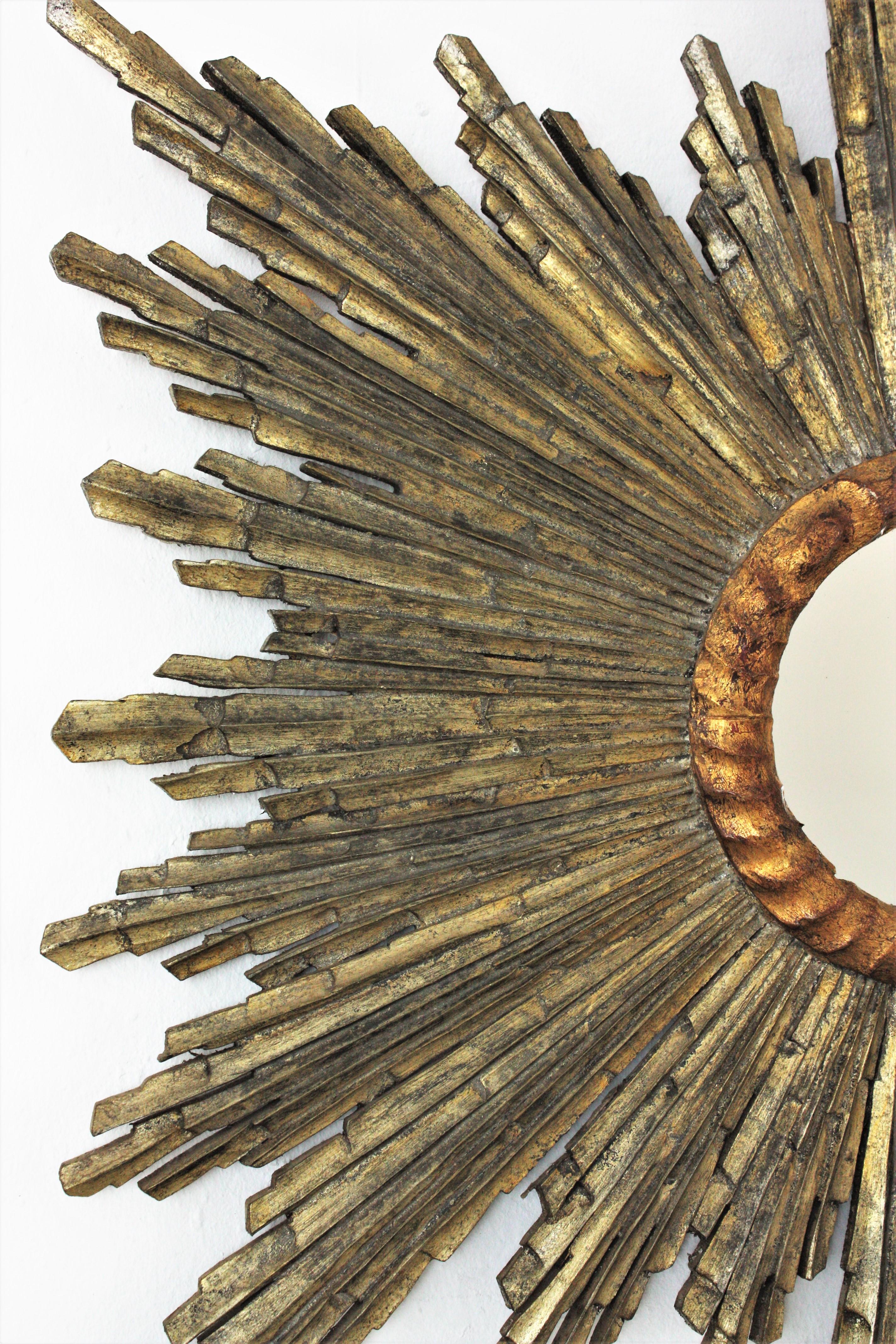 Carved Spanish Baroque Sunburst Starburst Mirror, Silver and Gold Leaf Giltwood