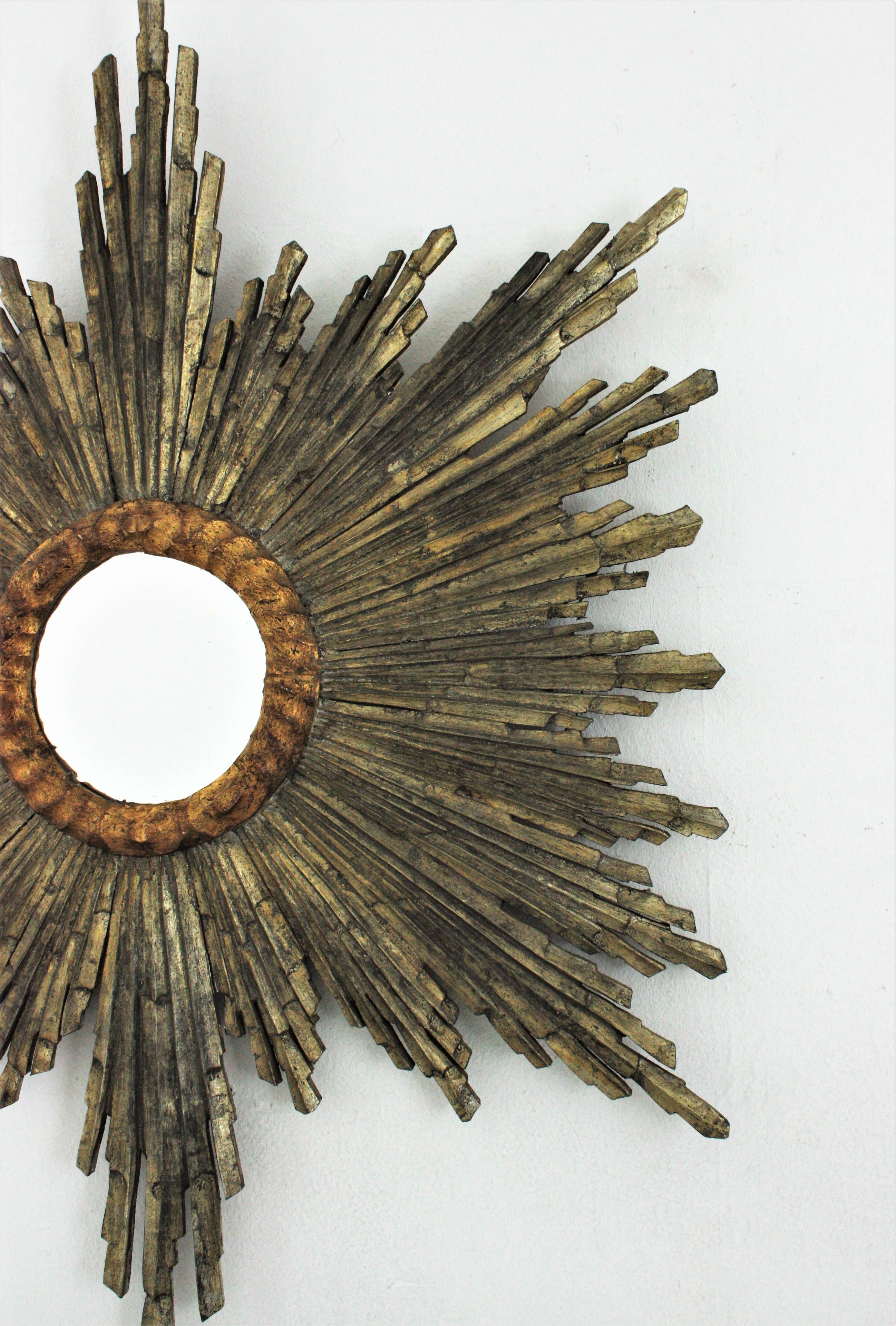Spanish Baroque Sunburst Starburst Mirror, Silver and Gold Leaf Giltwood In Good Condition In Barcelona, ES