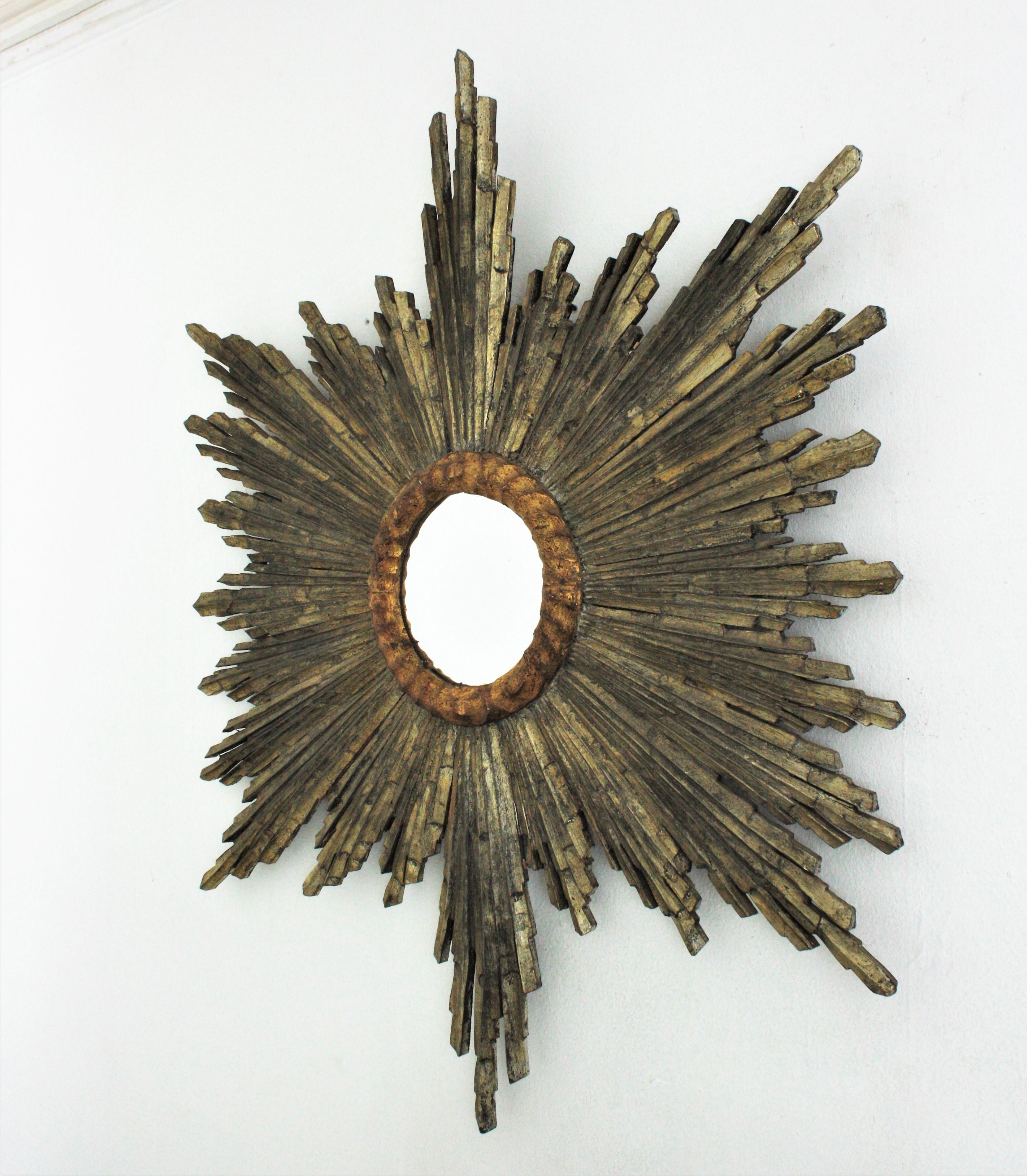 20th Century Spanish Baroque Sunburst Starburst Mirror, Silver and Gold Leaf Giltwood