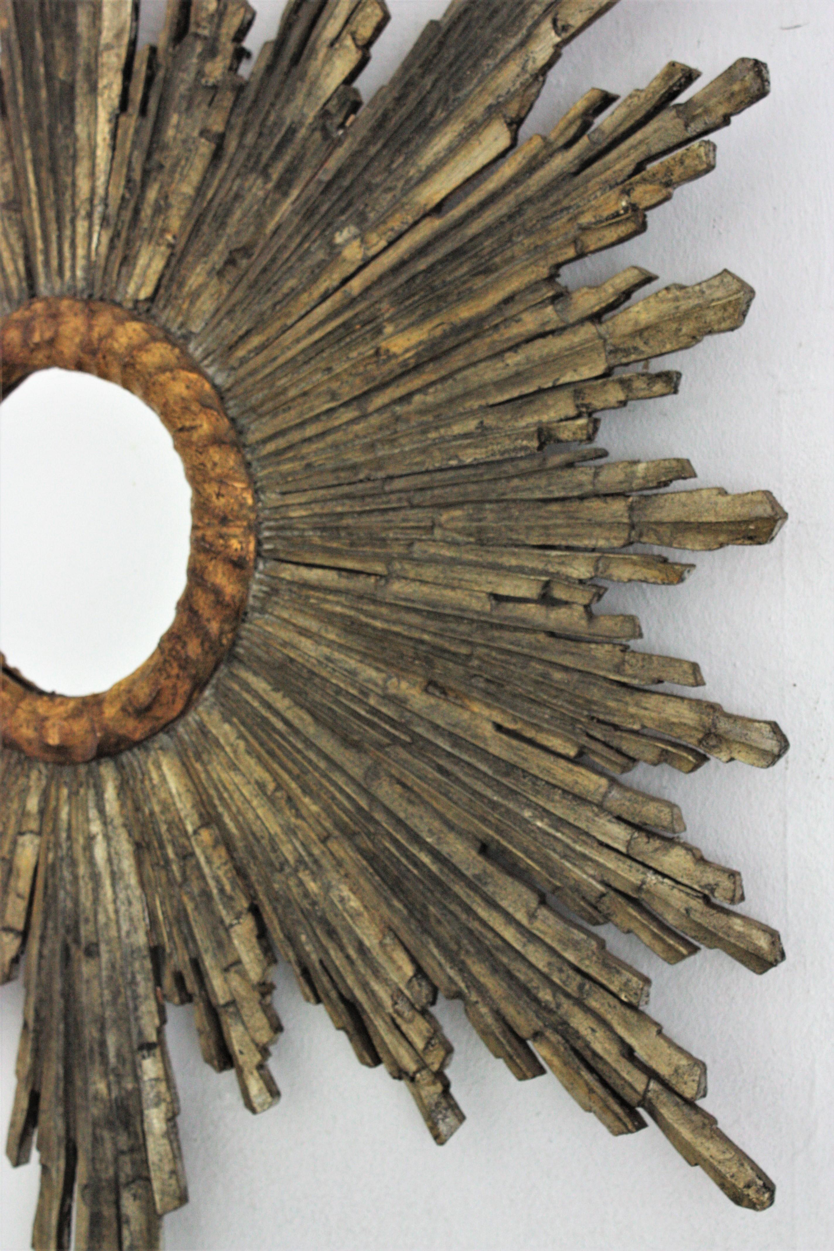 Gesso Spanish Baroque Sunburst Starburst Mirror, Silver and Gold Leaf Giltwood