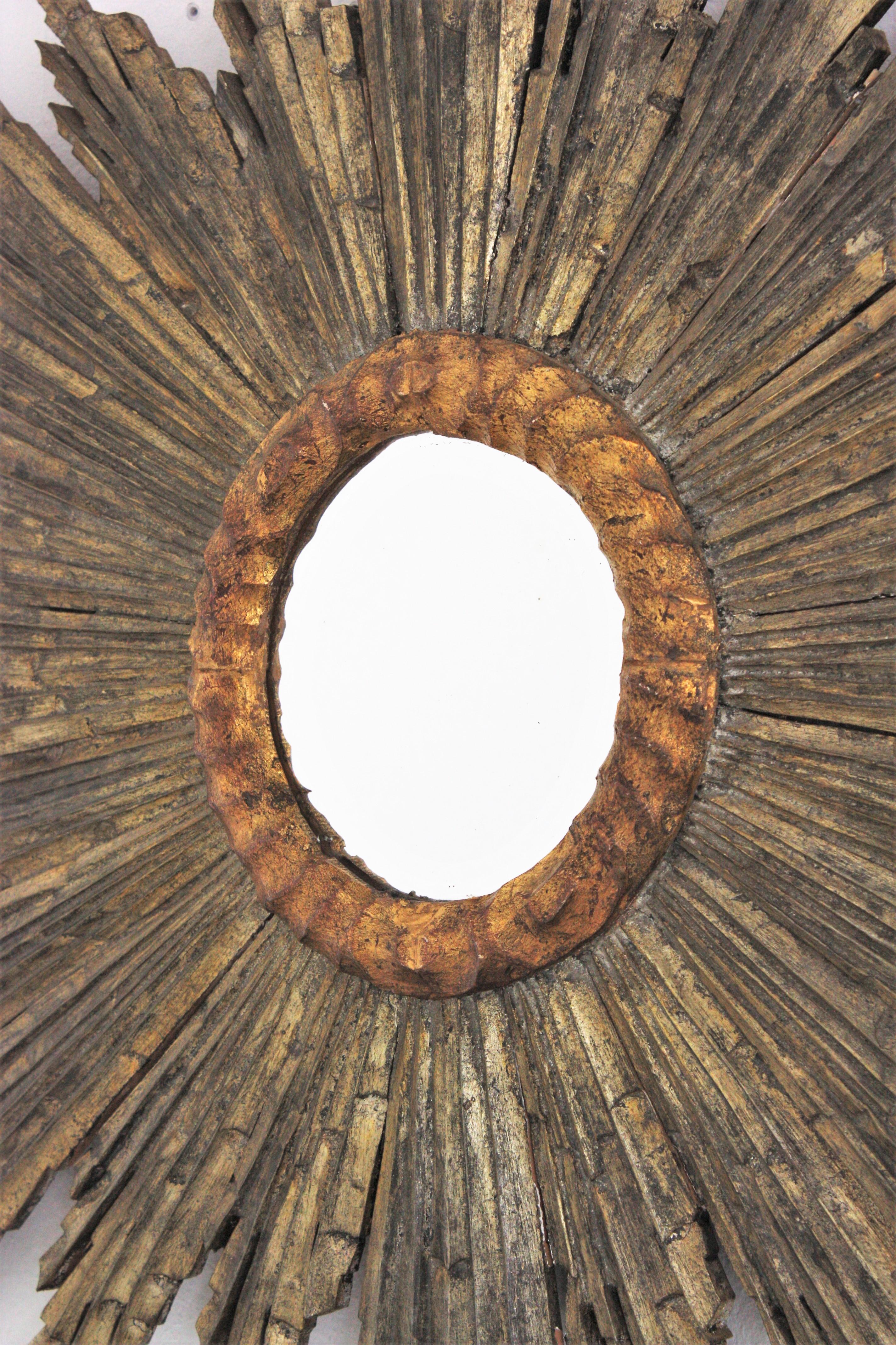 Spanish Baroque Sunburst Starburst Mirror, Silver and Gold Leaf Giltwood 1