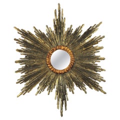 Spanish Baroque Sunburst Starburst Mirror, Silver and Gold Leaf Giltwood