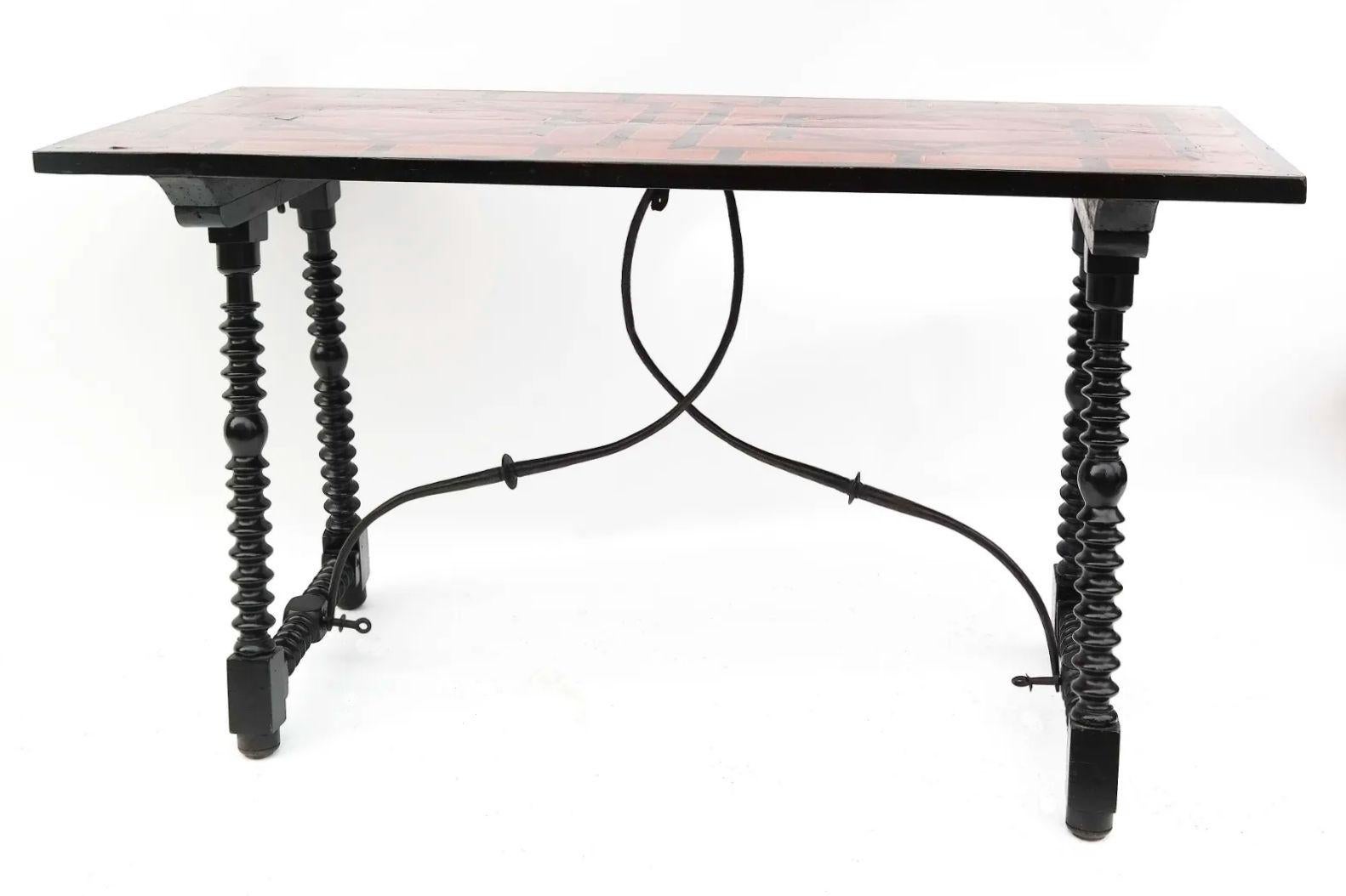 Spanish Baroque Trestle Table with Parquetry Inlay In Good Condition In New York, US