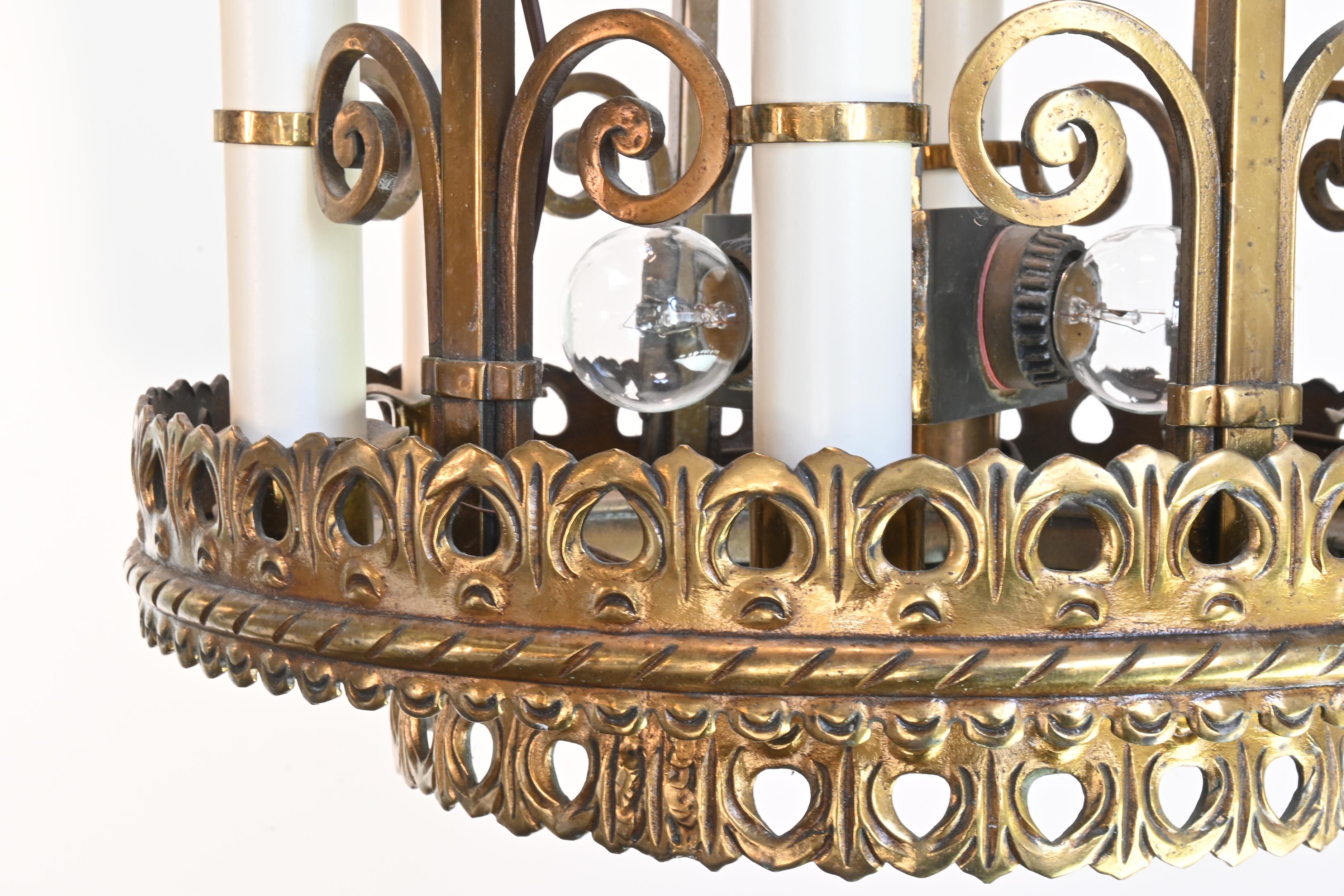 Spanish Colonial Spanish Baroque/Tudor Revival Brass Chandelier For Sale