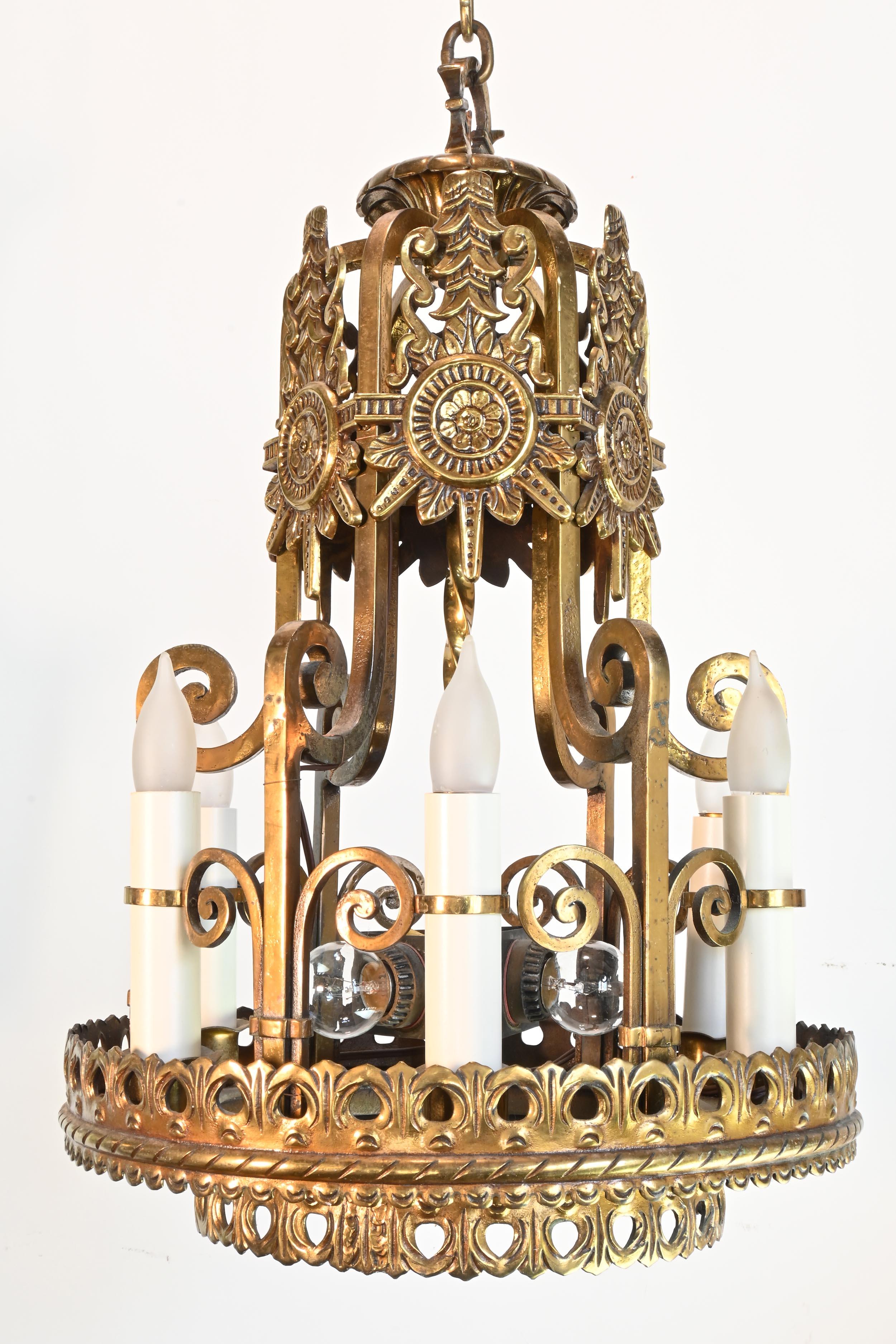 American Spanish Baroque/Tudor Revival Brass Chandelier For Sale