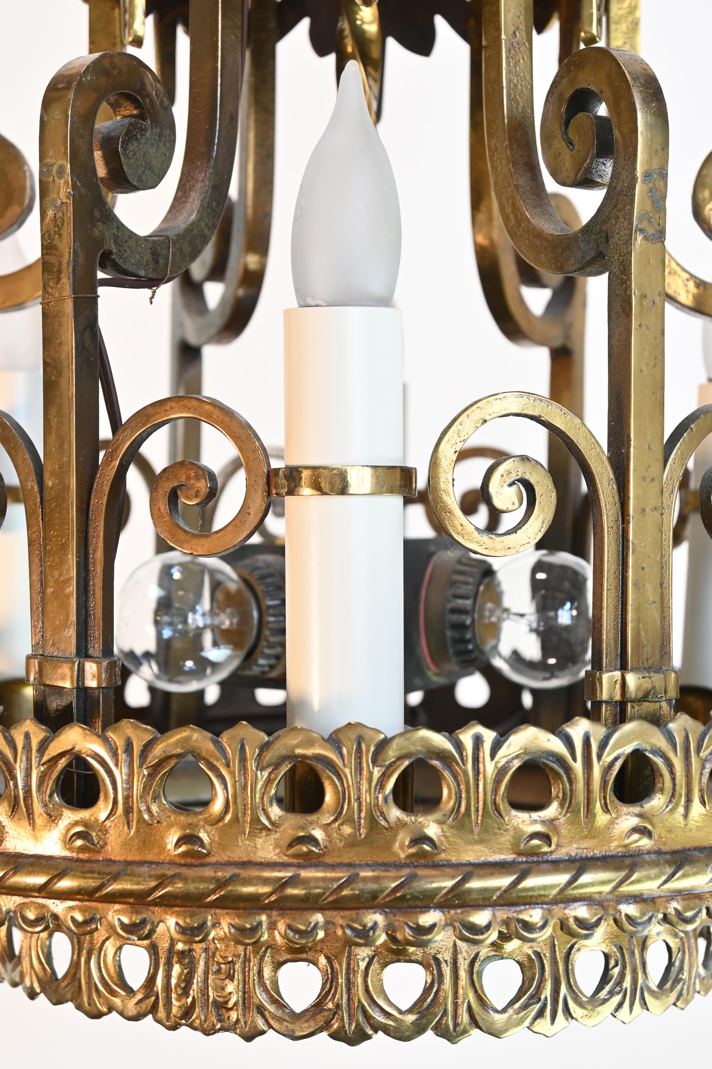 Spanish Baroque/Tudor Revival Brass Chandelier In Good Condition For Sale In Minneapolis, MN