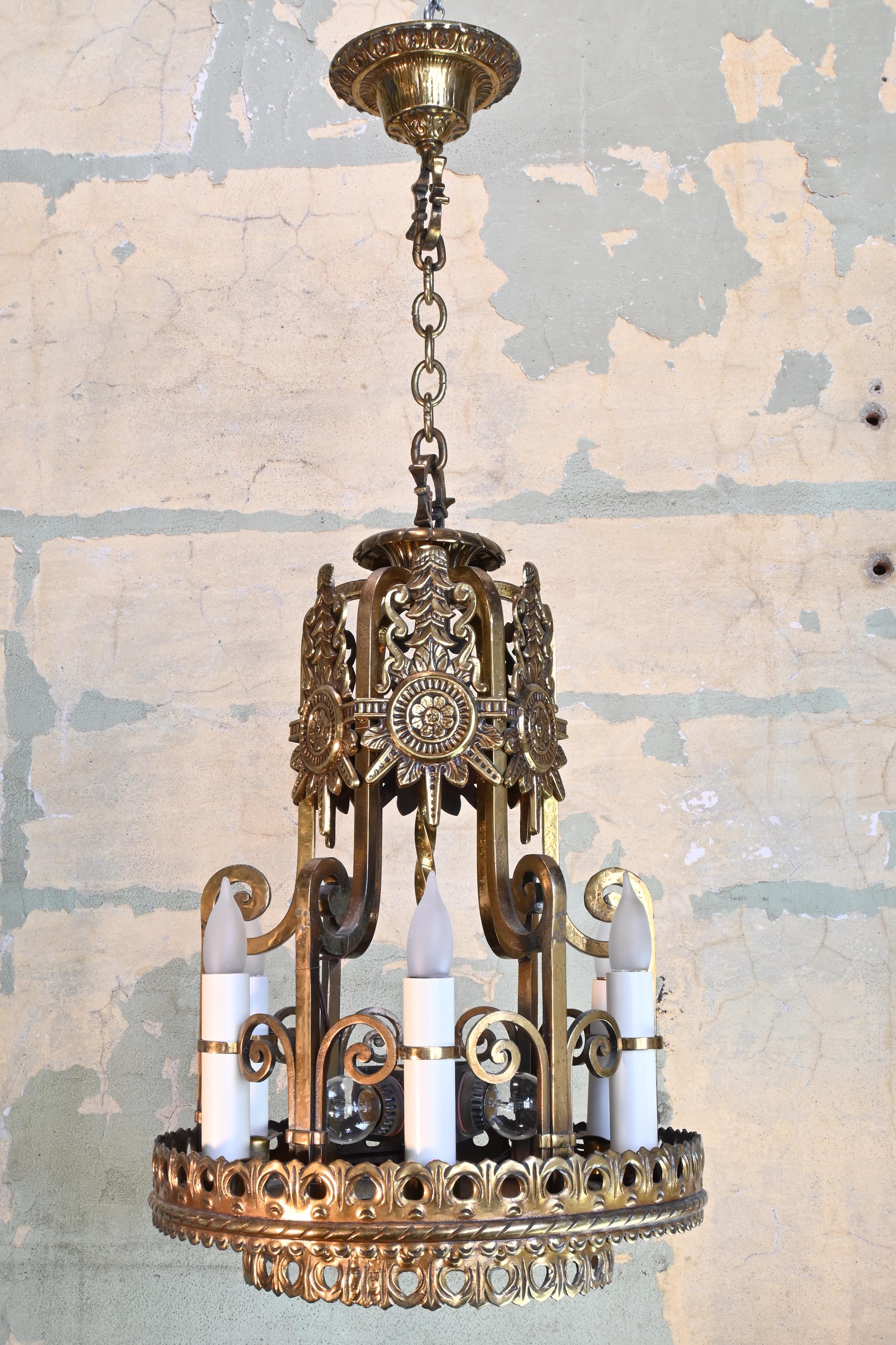 Mid-20th Century Spanish Baroque/Tudor Revival Brass Chandelier For Sale