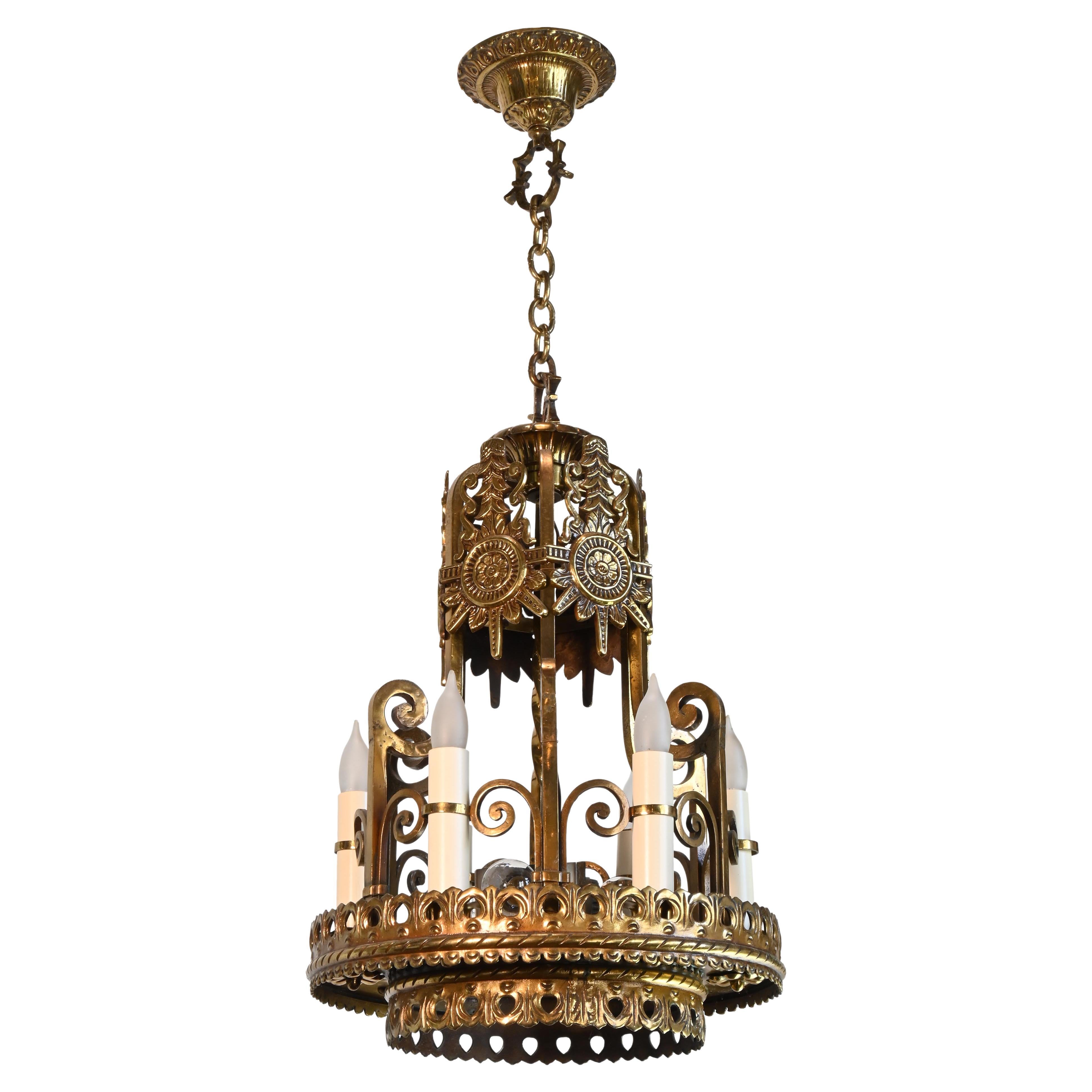 Spanish Baroque/Tudor Revival Brass Chandelier For Sale