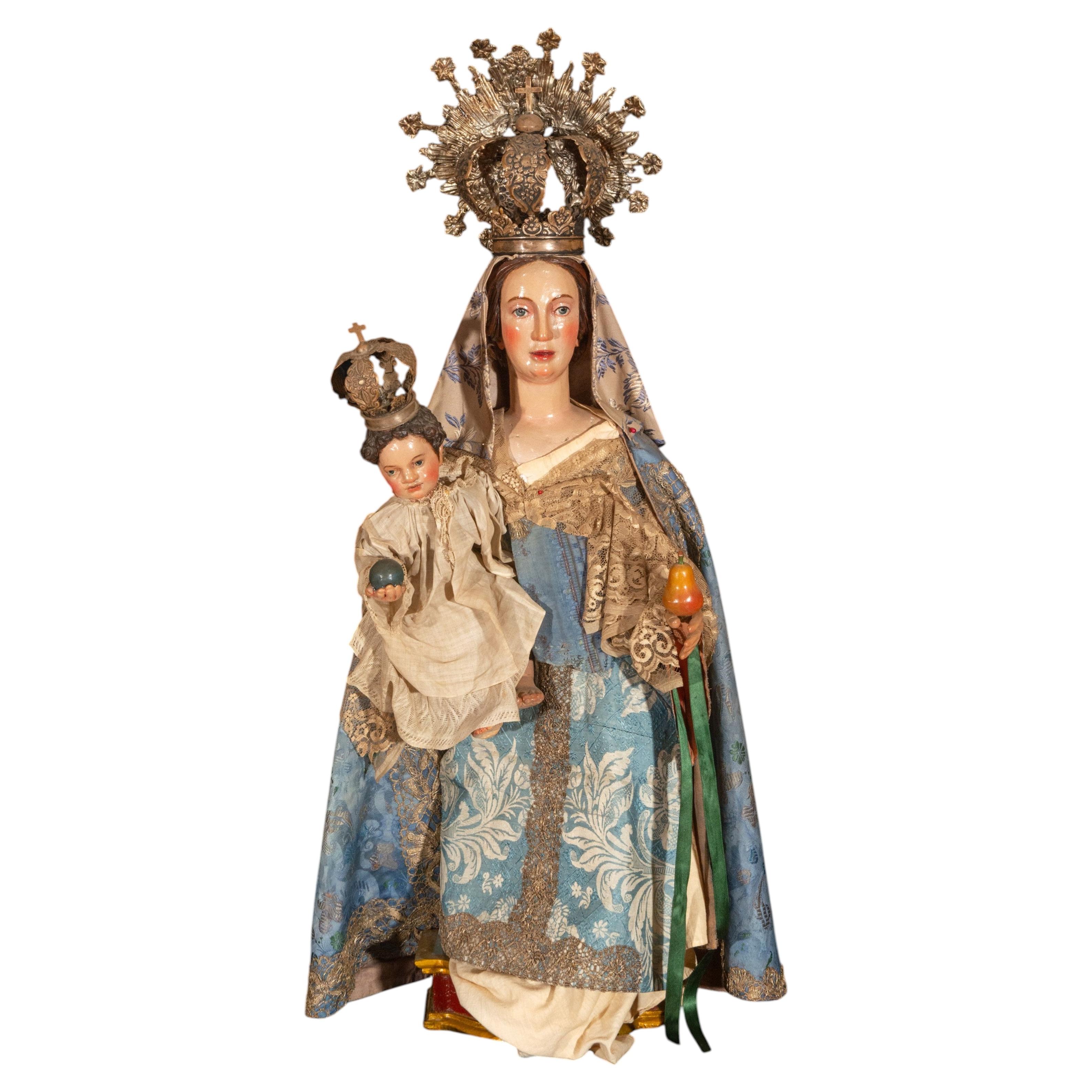 Spanish Baroque Virgin and Child Figure, 17th–18th Century, with Silver crown