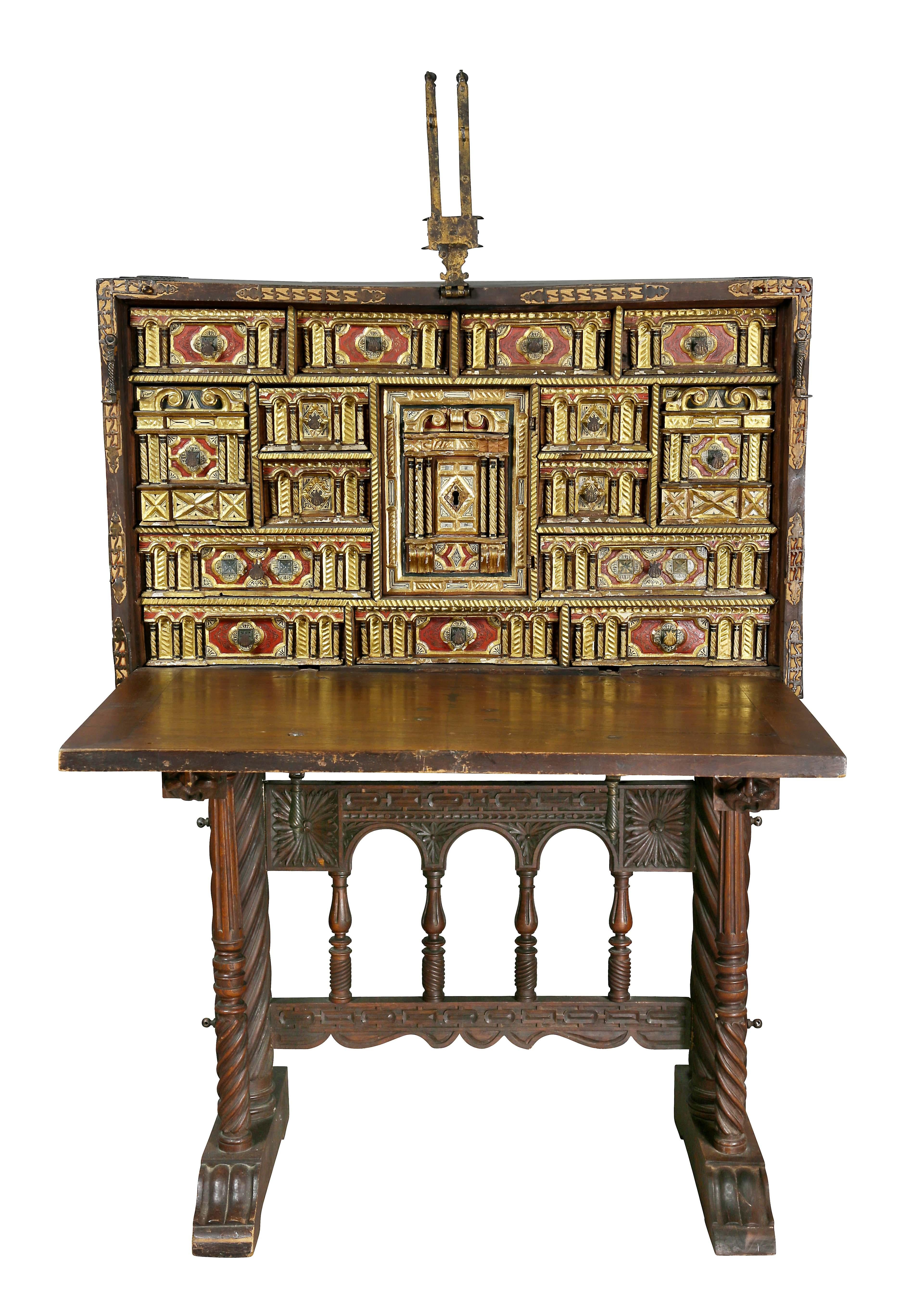 18th Century and Earlier Spanish Baroque Walnut and Iron Vargueno