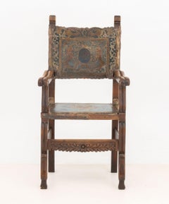 Spanish Baroque Walnut and Leather Armchair, 18th Century