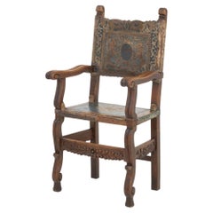 Spanish Baroque Walnut and Leather Armchair, 18th Century