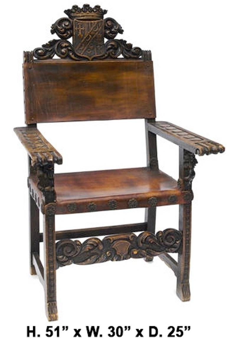 Unique Spanish finely carved walnut armchair with a crown over coat of arm, Late 18/early 19 century.
The armchair was possibly designed for a member of the royal family back  then.
Overall Height: H. 51” 
Arm Height: H. 29”
Seat height: H.