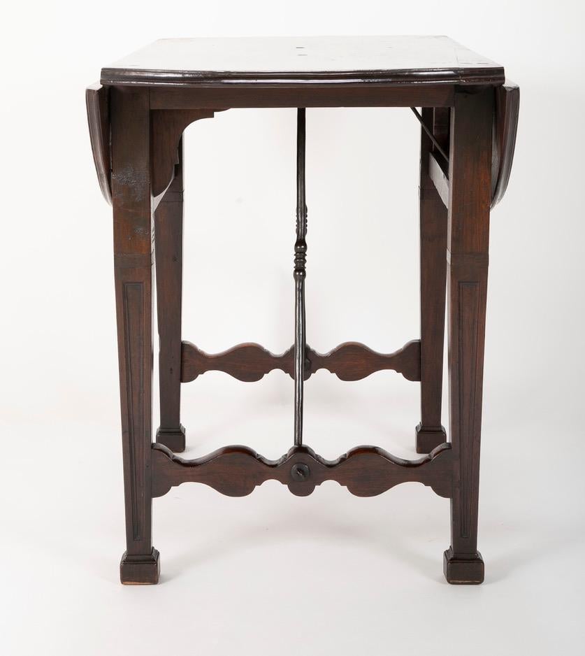 Spanish Baroque Walnut Drop Leaf Table with Wrought Iron Stretchers For Sale 2