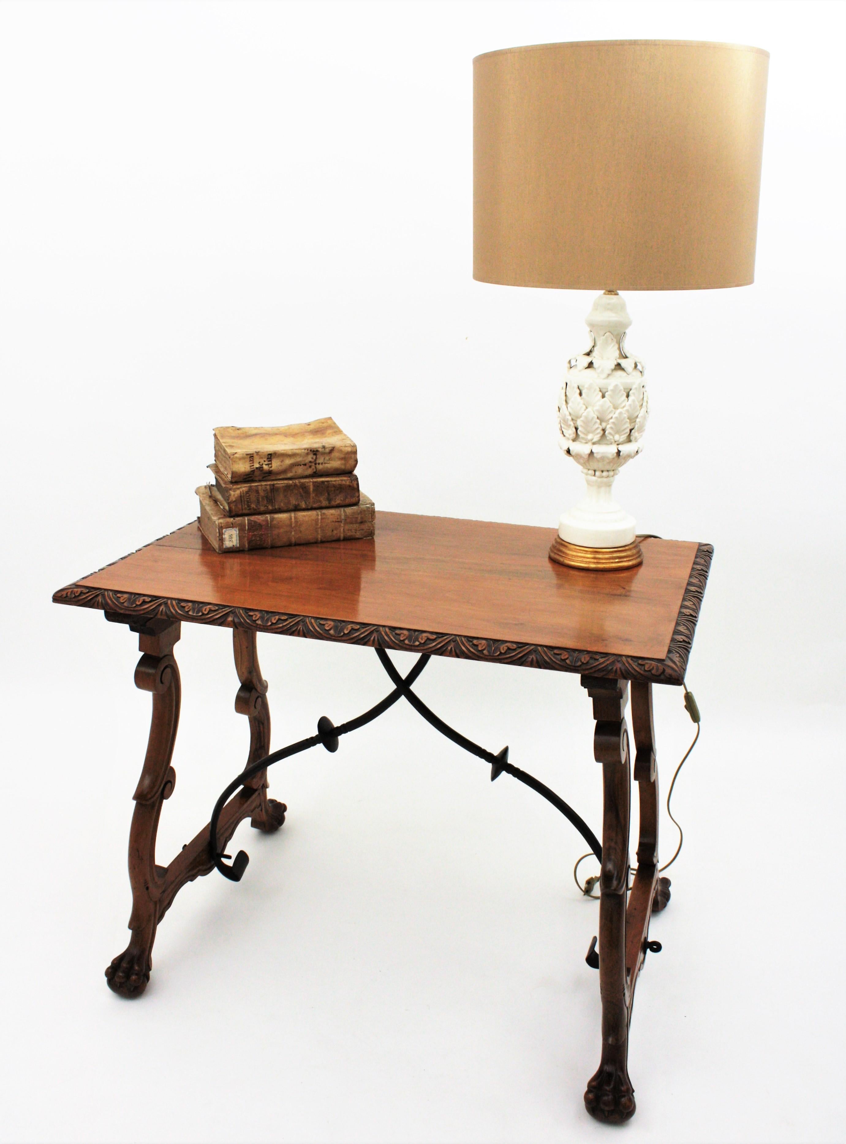 Wrought Iron Spanish Baroque Fratino Table in Carved Walnut Wood For Sale