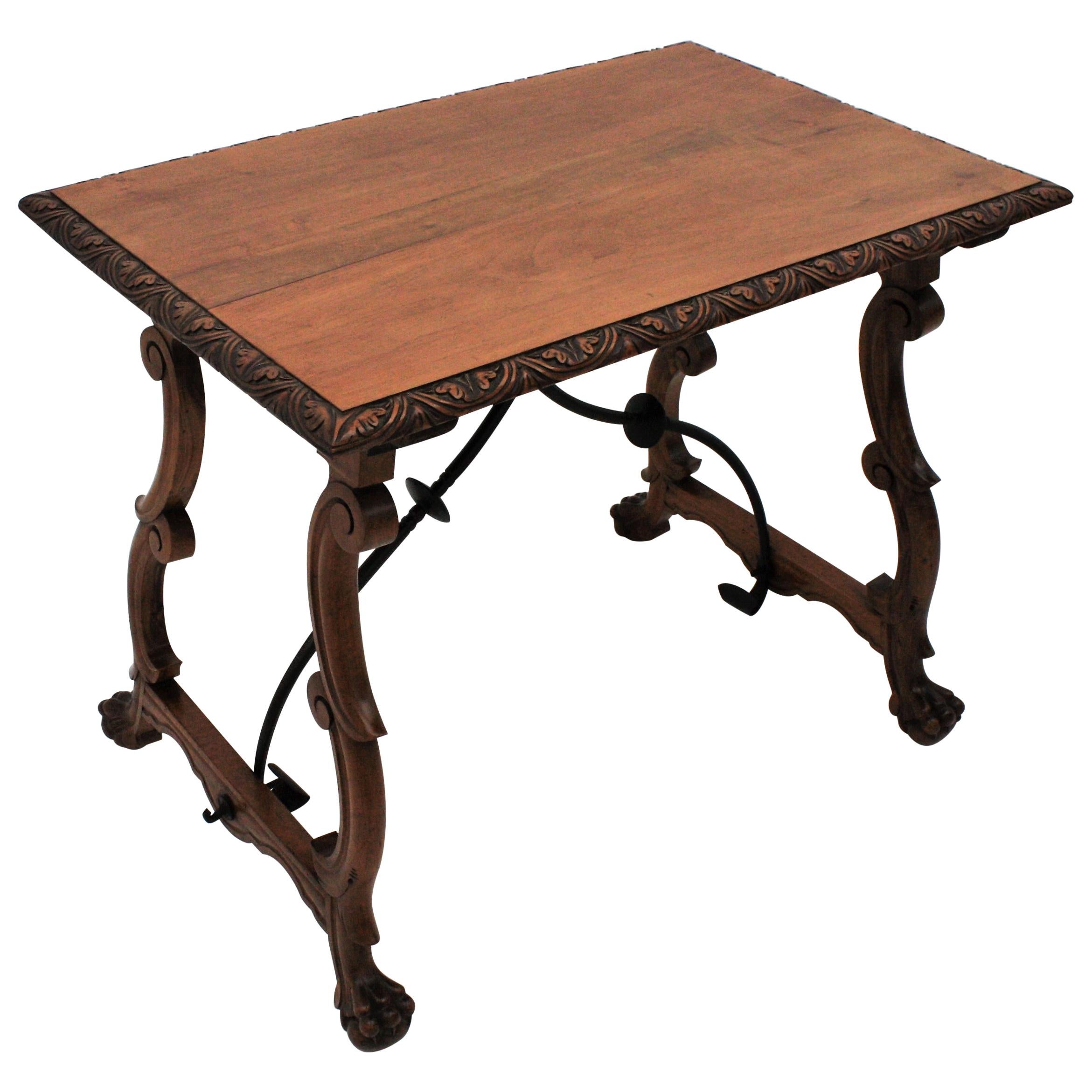 Spanish Baroque Fratino Table in Walnut Wood and Iron Stretchers