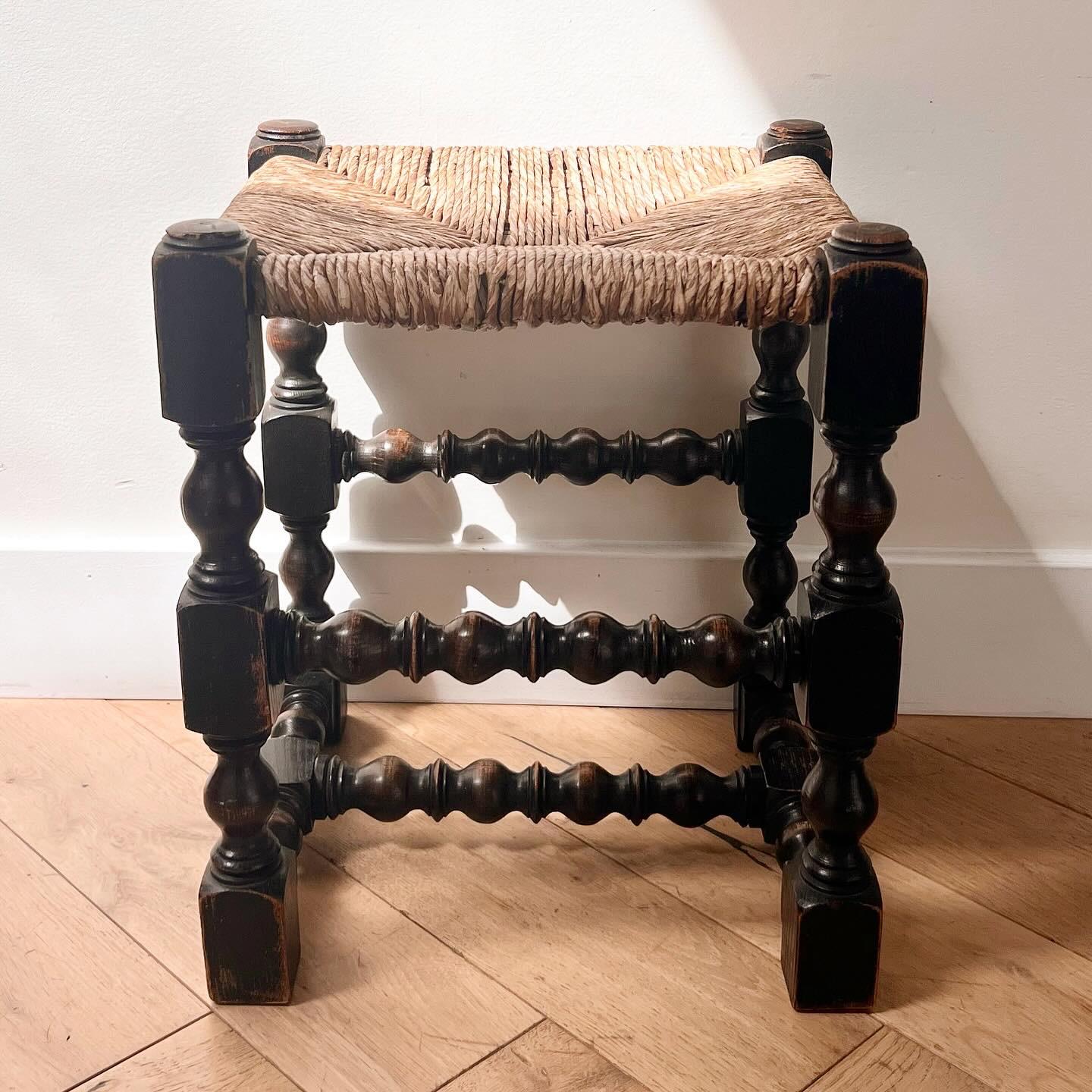 A Spanish baroque spindle leg stool with wicker rush seat, probably late 18th century. Mission style and Spanish baroque antique. Pick up in central west Los Angeles or we ship worldwide. 