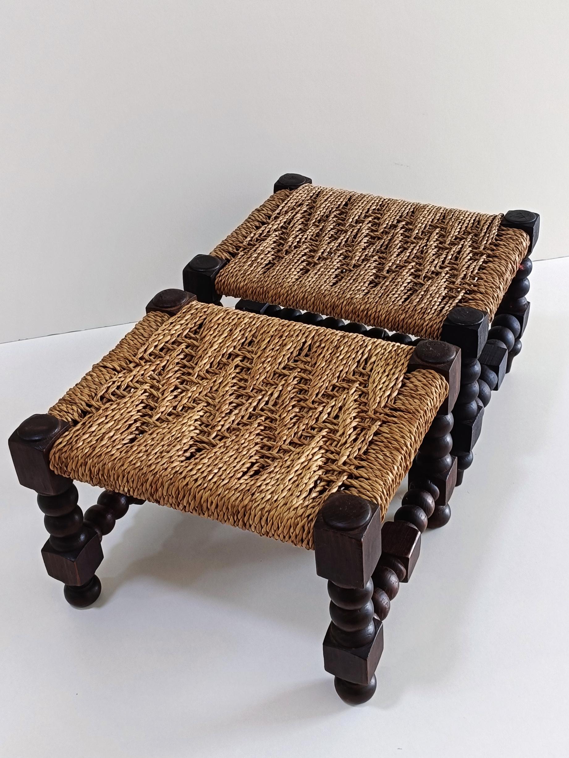 Hand-Woven Baroque Wood And Natural Fiber Pair of Footstools, Spain 17th/18th C