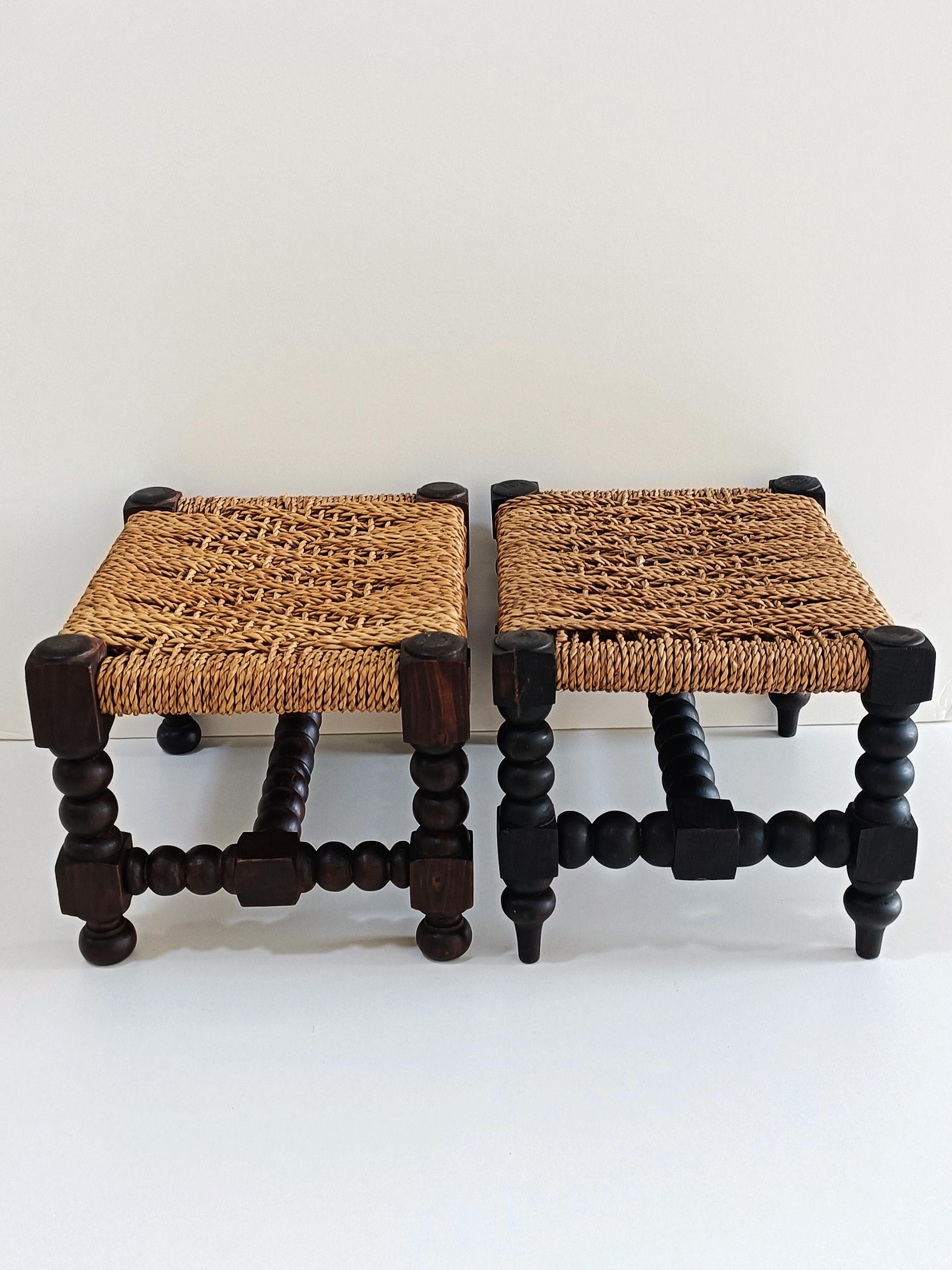 Baroque Wood And Natural Fiber Pair of Footstools, Spain 17th/18th C In Good Condition In Valencia, VC