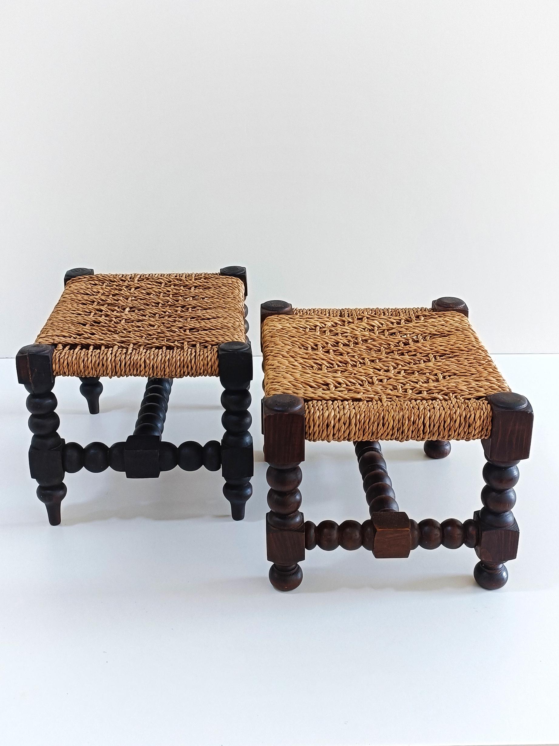 17th Century Baroque Wood And Natural Fiber Pair of Footstools, Spain 17th/18th C