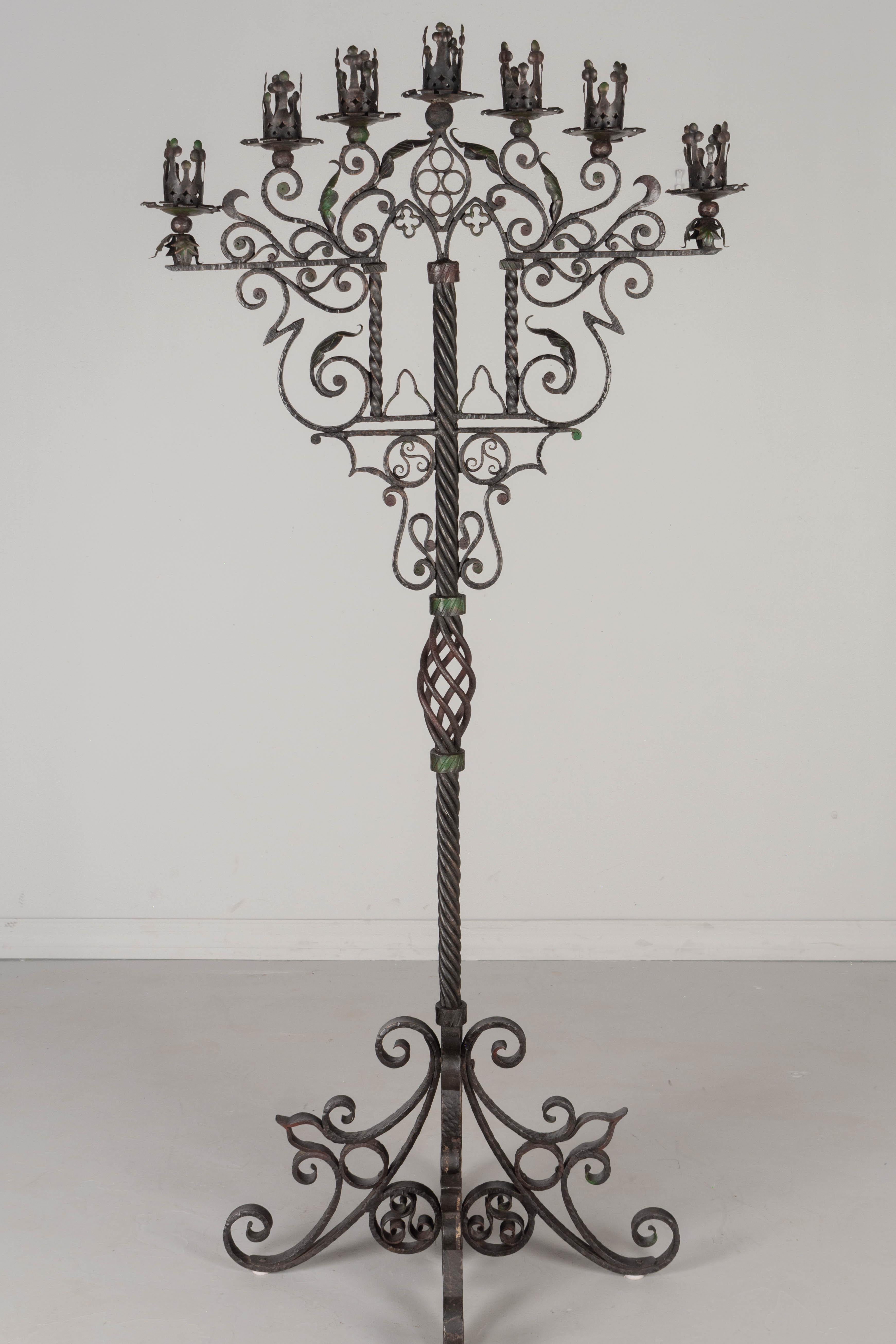 Hand-Crafted Spanish Baroque Wrought Iron Floor Candelabra For Sale