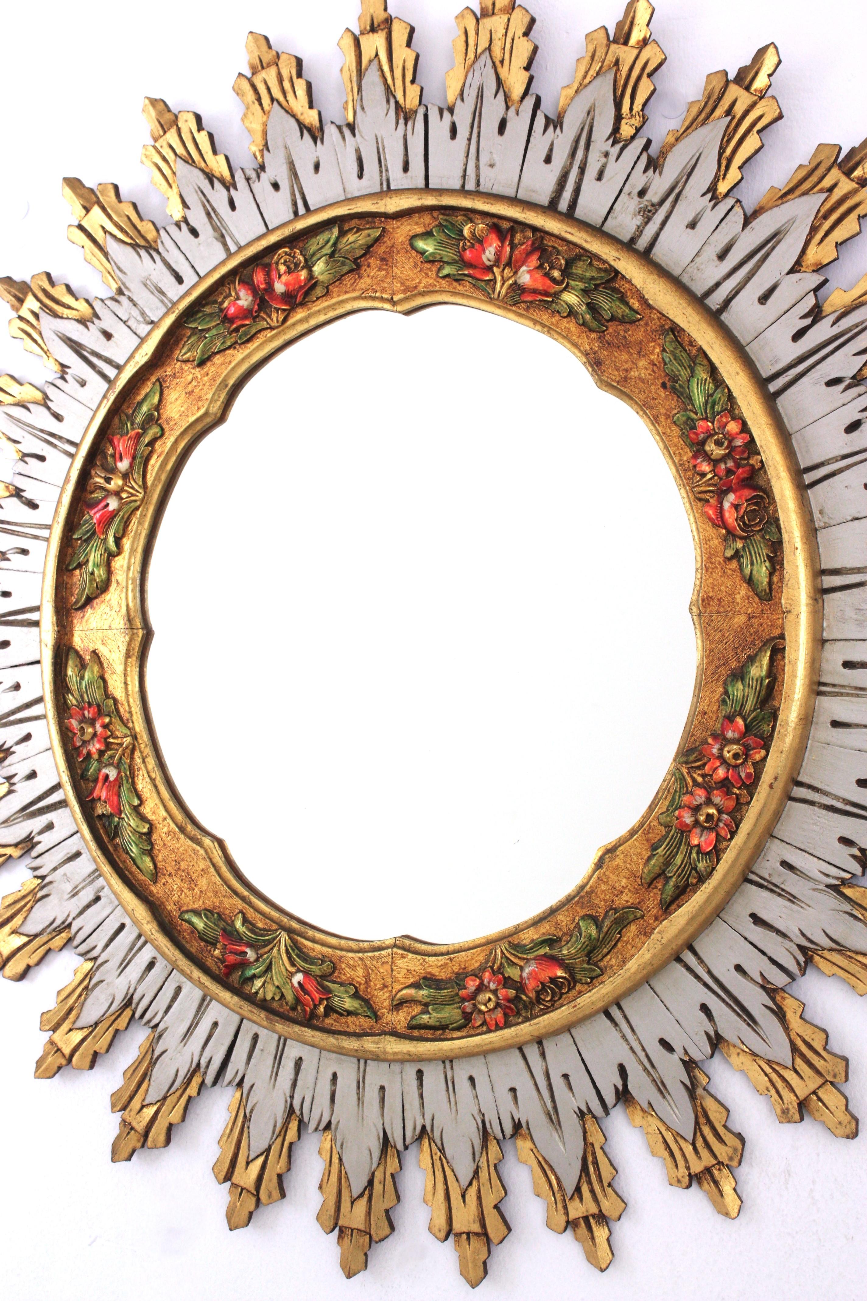Spanish Baroque XL Sunburst Mirror, Gilt Silvered Wood & Barbola Flower Detail For Sale 6
