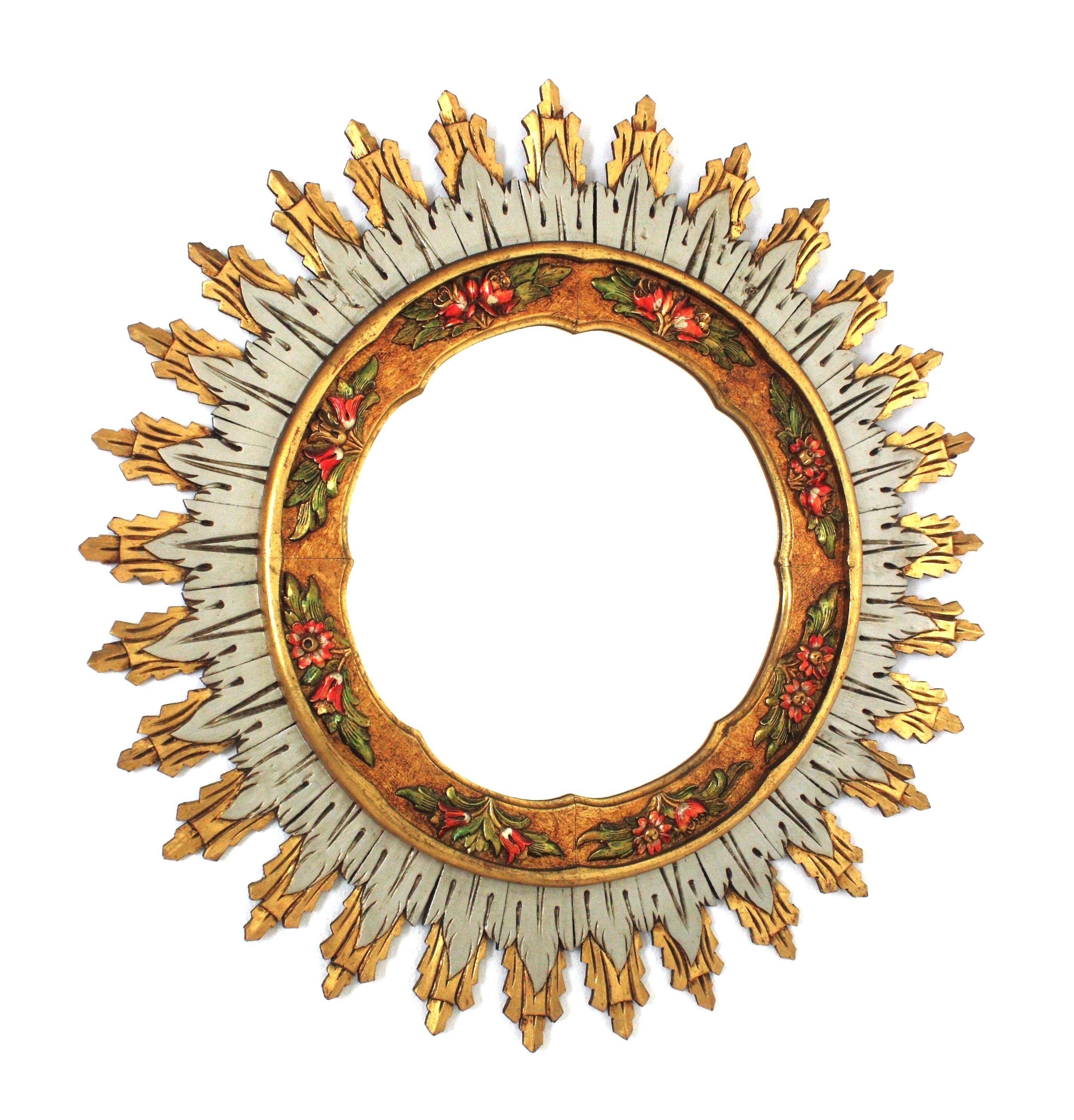Mid-Century Modern Spanish Baroque XL Sunburst Mirror, Gilt Silvered Wood & Barbola Flower Detail For Sale