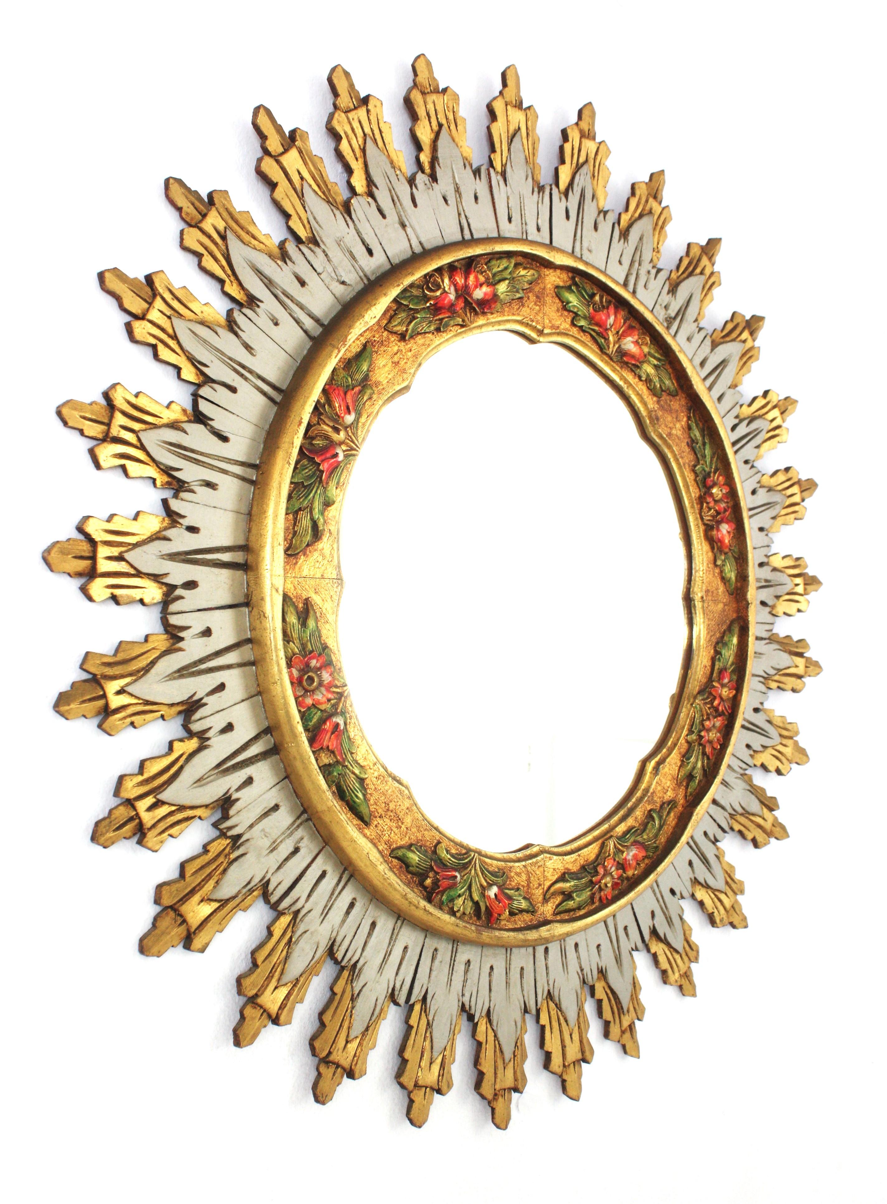 20th Century Spanish Baroque XL Sunburst Mirror, Gilt Silvered Wood & Barbola Flower Detail For Sale