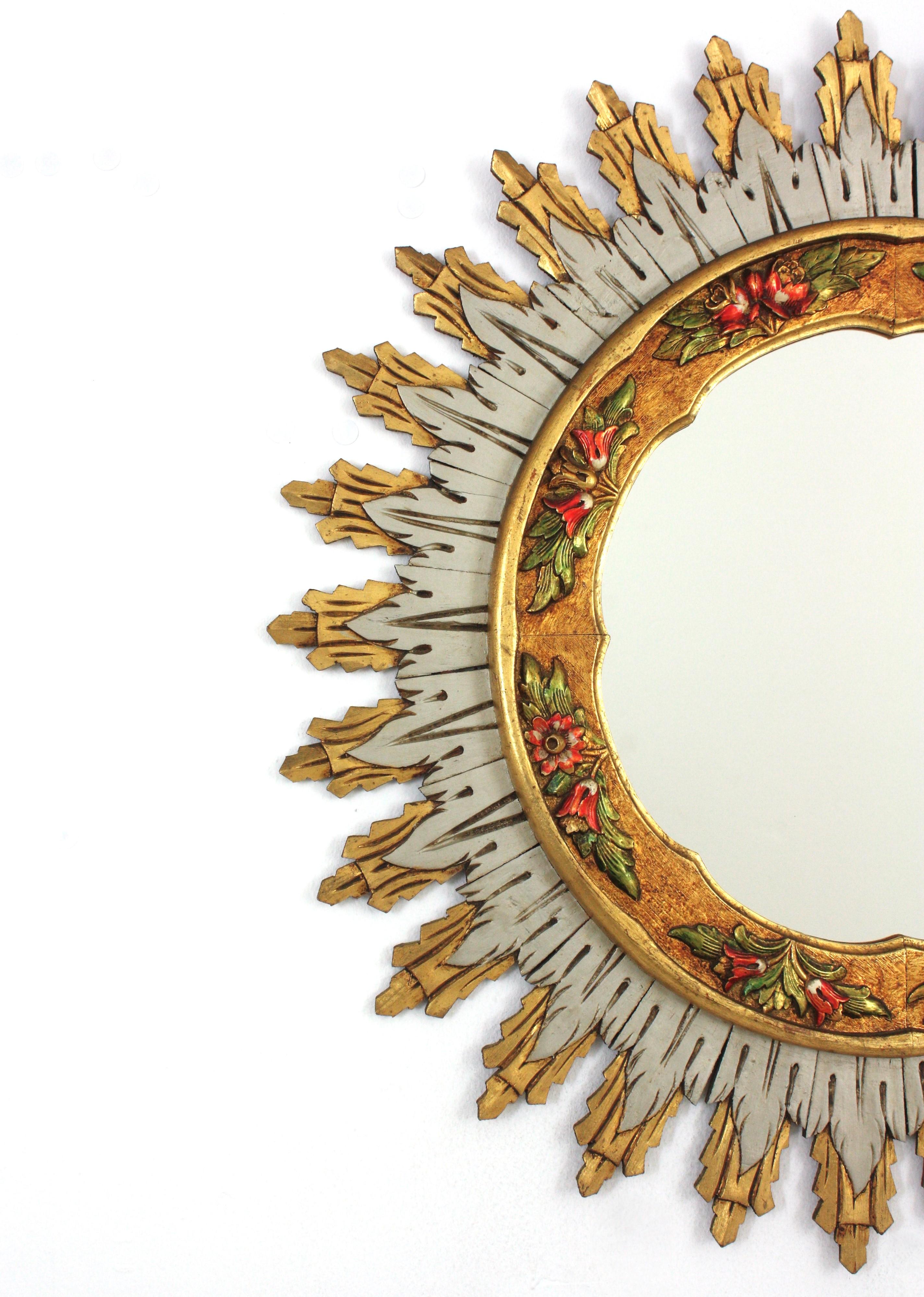 Spanish Baroque XL Sunburst Mirror, Gilt Silvered Wood & Barbola Flower Detail For Sale 1