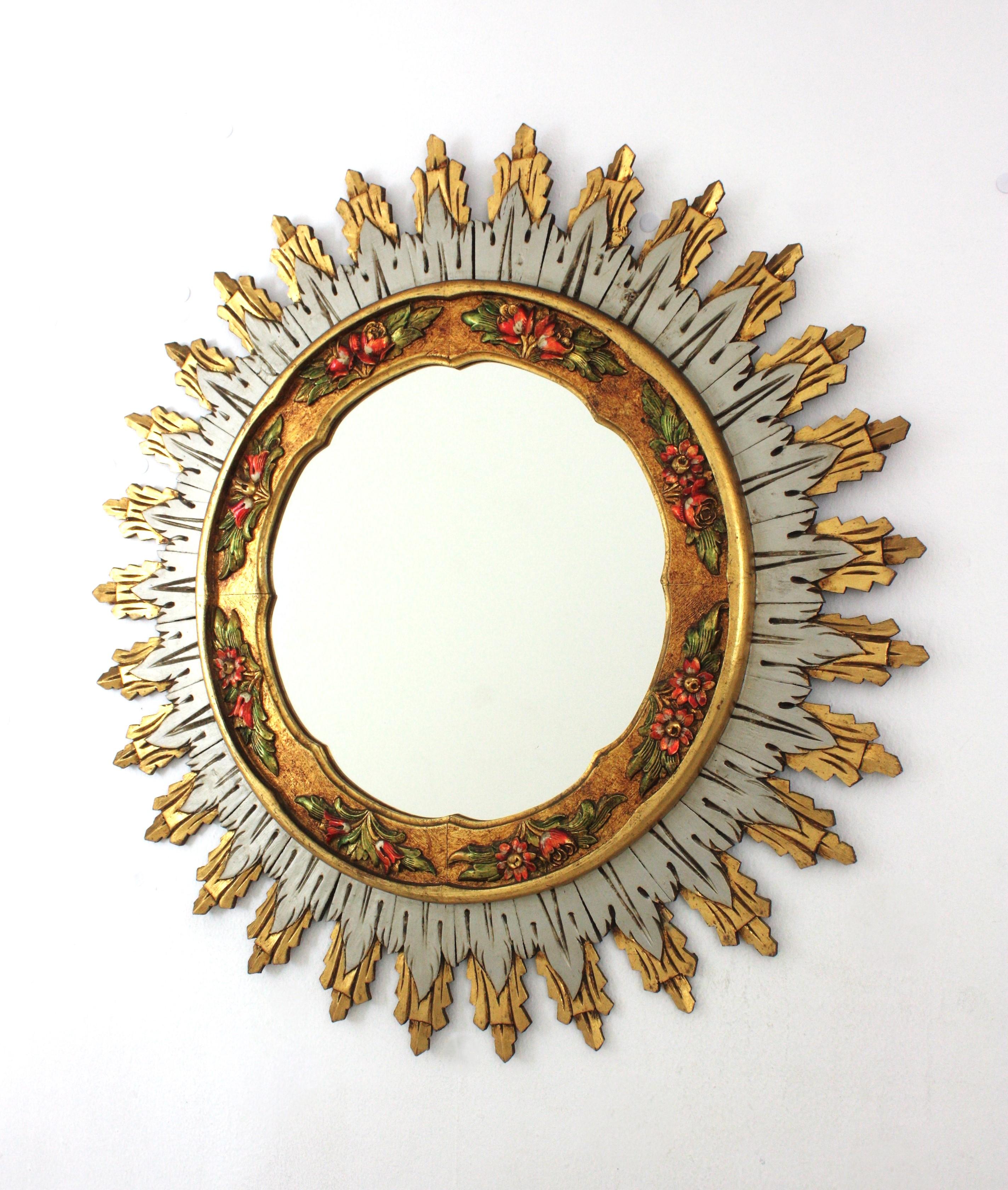 Spanish Baroque XL Sunburst Mirror, Gilt Silvered Wood & Barbola Flower Detail For Sale 3