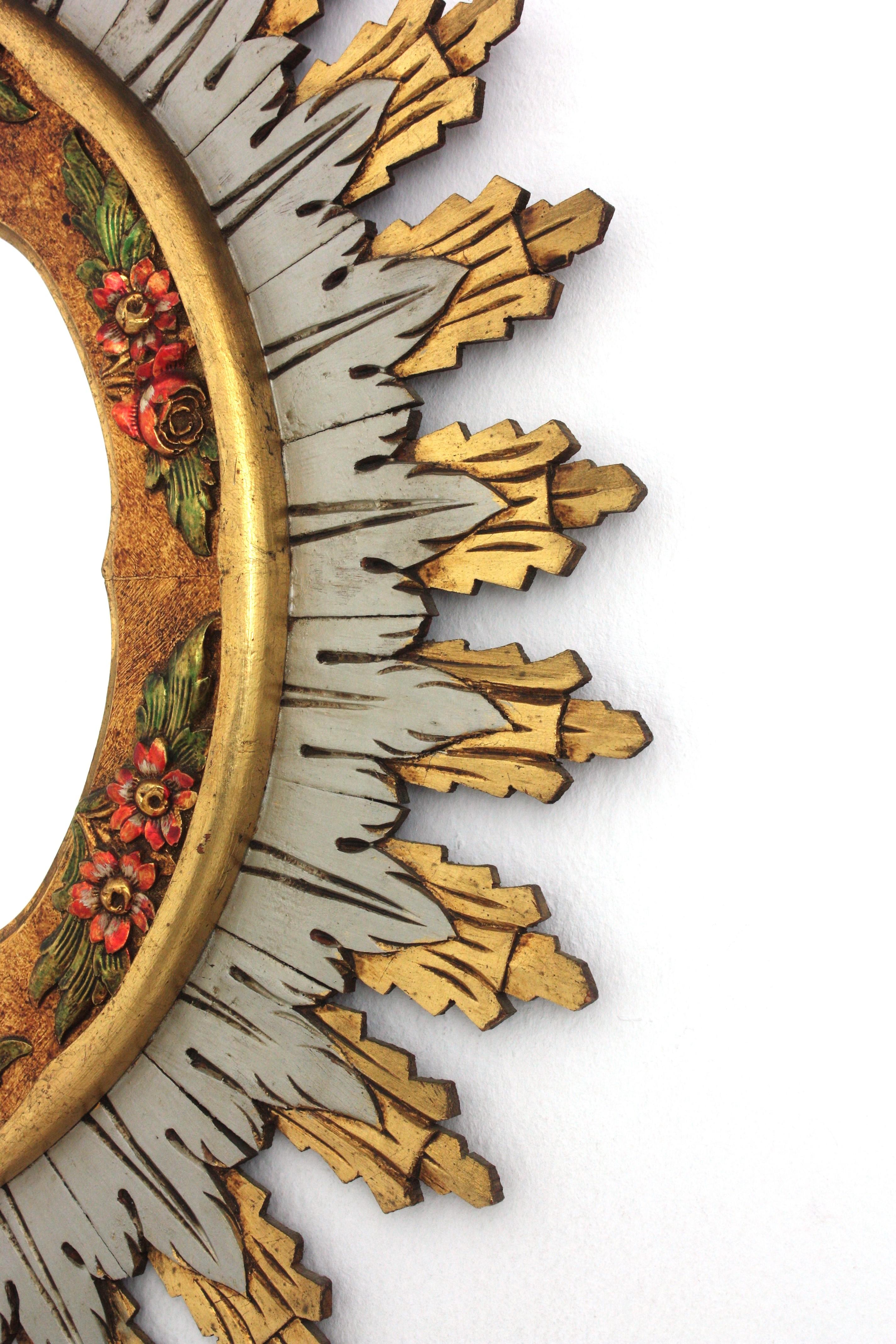 Spanish Baroque XL Sunburst Mirror, Gilt Silvered Wood & Barbola Flower Detail For Sale 4