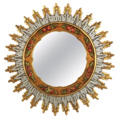 Espejo Barroco Español XL Sunburst, Madera Dorada Plateada y Detalle Floral Barbola