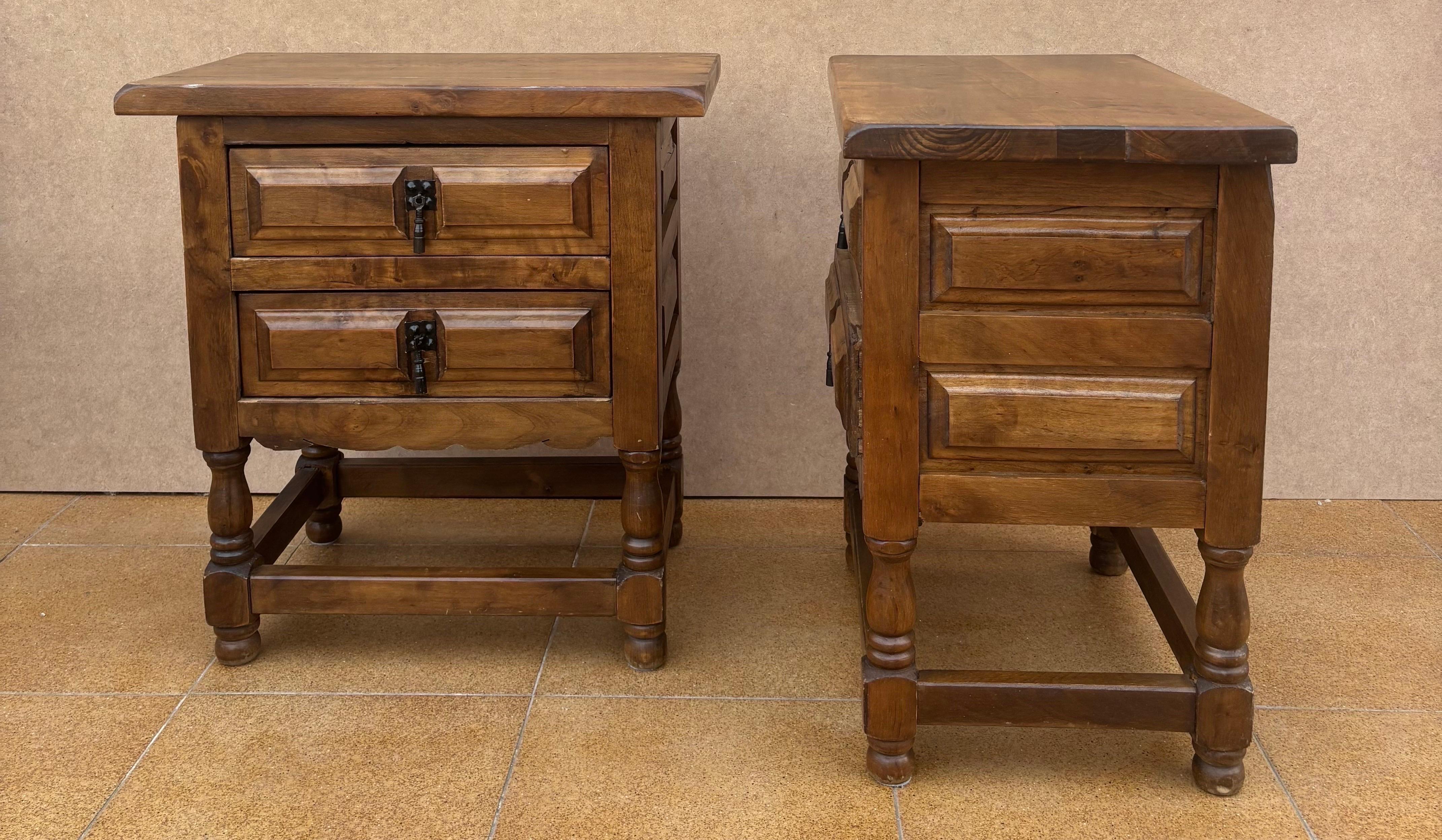 Sculpté à la main Spanish Bedside Tables With Drawers And Iron Hardware, 1950s, Set Of 2 en vente