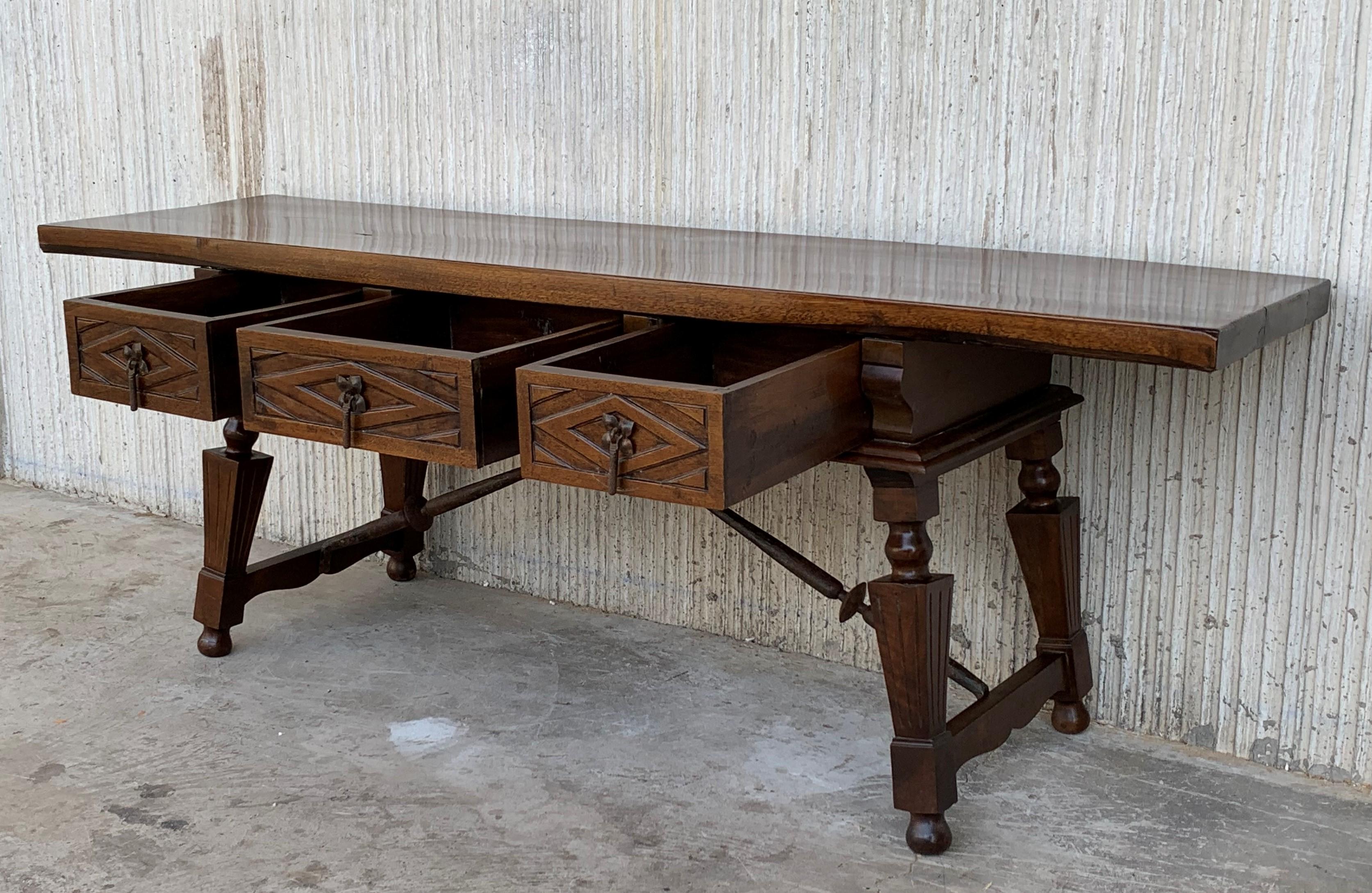 Spanish Bench or Low Console Table with Carved Drawers and Iron Stretcher 3