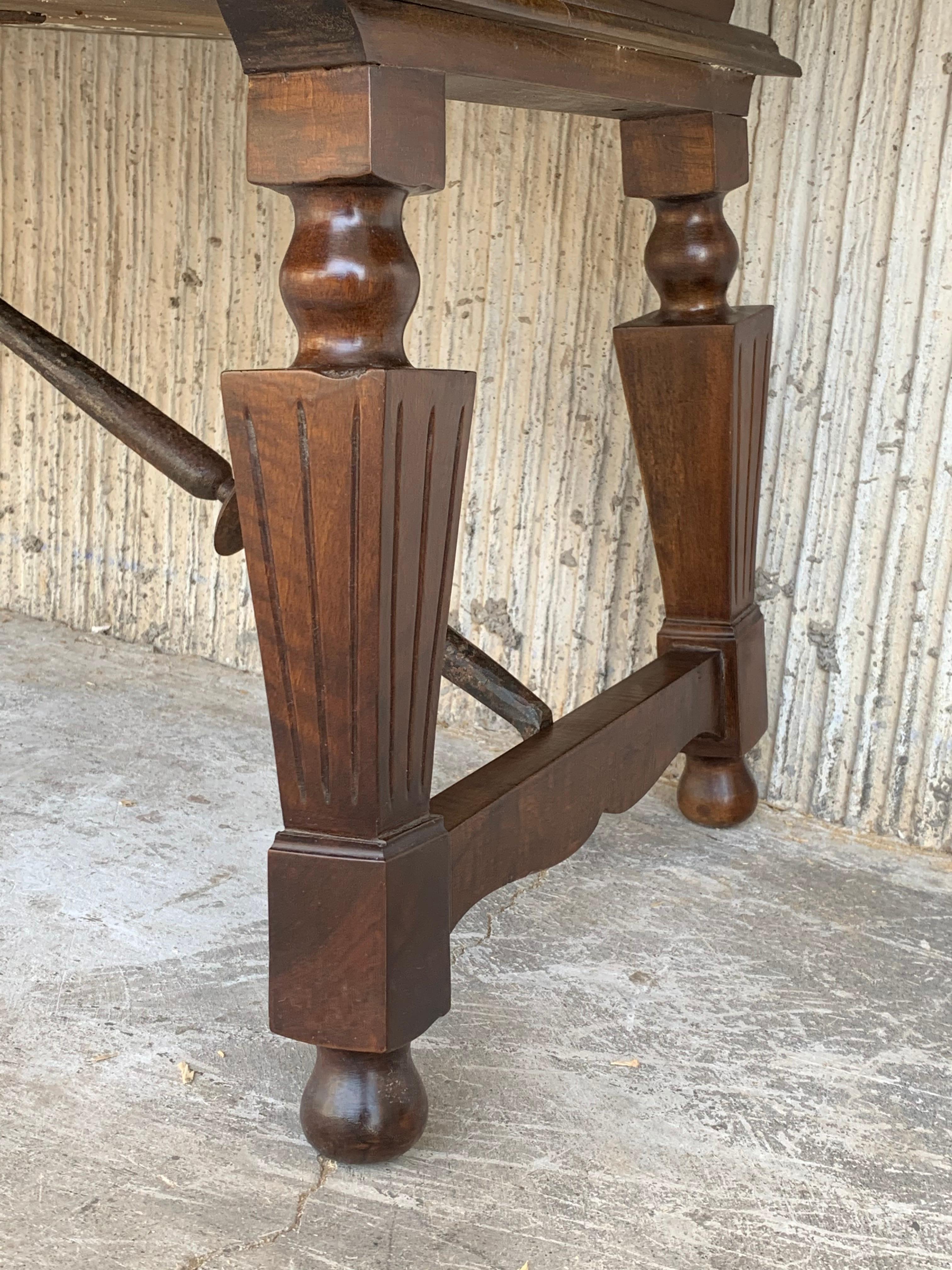 Spanish Bench or Low Console Table with Carved Drawers and Iron Stretcher 10