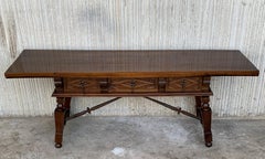 Spanish Bench or Low Console Table with Carved Drawers and Iron Stretcher
