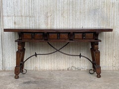 Spanish Bench or Low Console Table with Carved Drawers and Iron Stretcher
